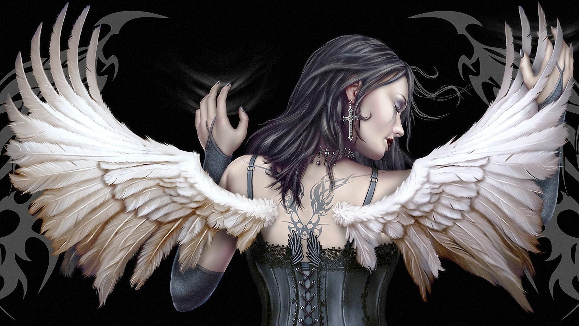 General 1920x1080 wings fantasy girl fantasy art artwork dark hair women back black background red lipstick inked girls angel