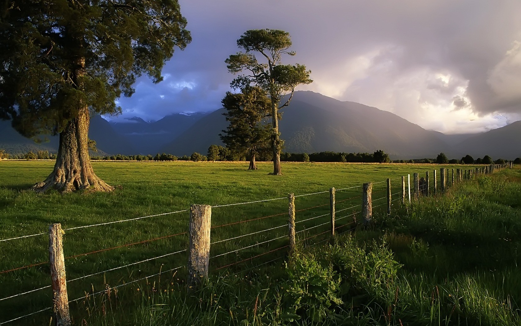 General 1680x1050 nature fence storm trees mountains New Zealand