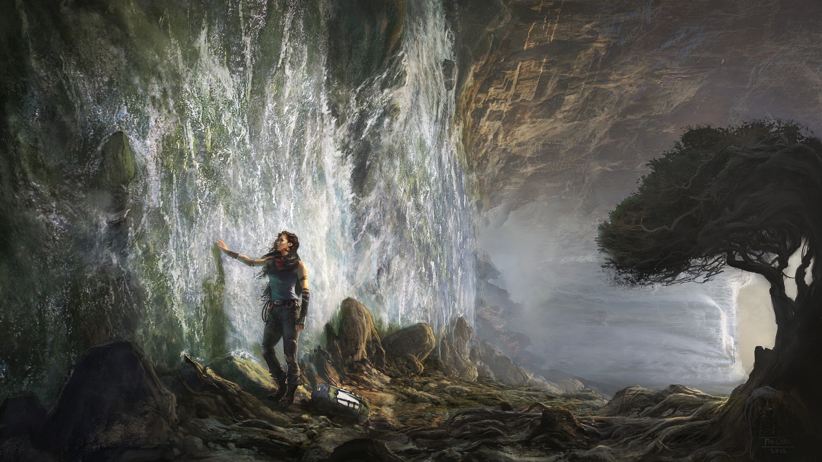 General 2800x1575 fantasy art digital art surreal women adventurers women outdoors cave