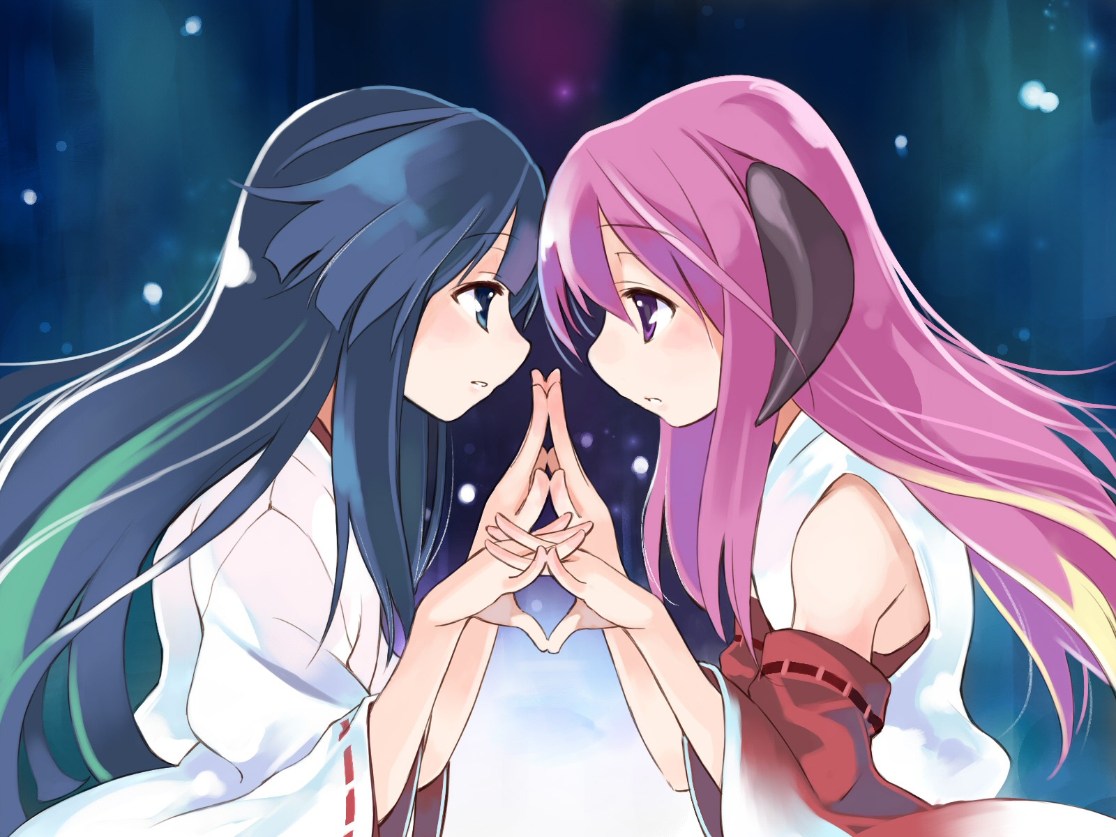 Anime 1600x1200 anime anime girls two women pink hair blue hair long hair holding hands blue eyes purple eyes fantasy girl