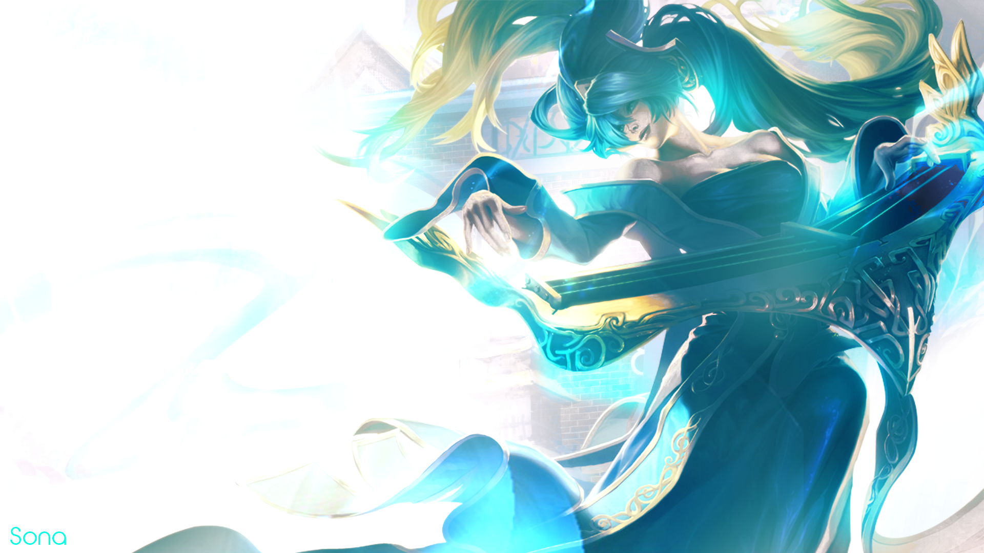 General 1920x1080 League of Legends Sona (League of Legends) PC gaming fantasy girl cyan blue video game art white background video game girls women long hair