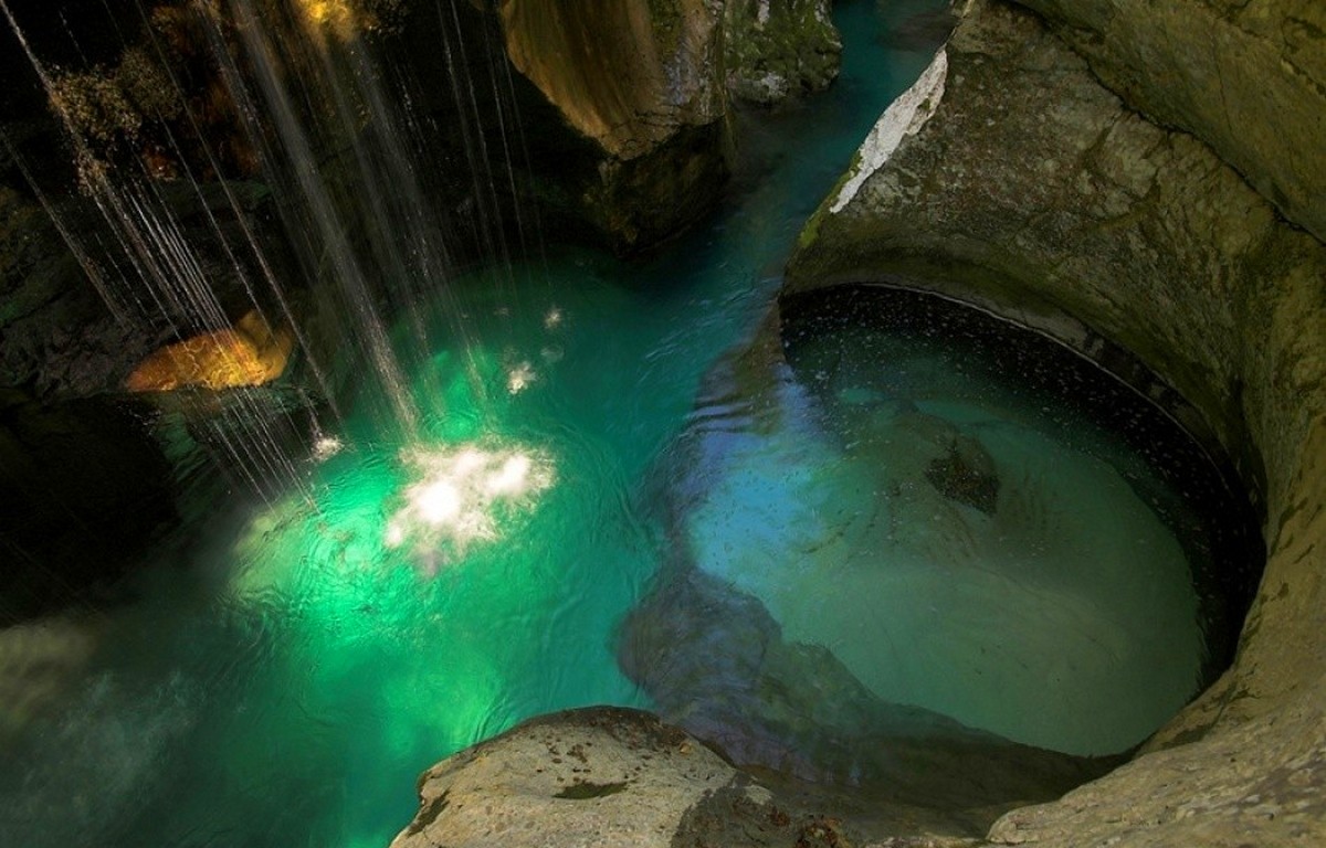 General 1200x768 waterfall river canyon Slovenia green water rocks cliff nature landscape