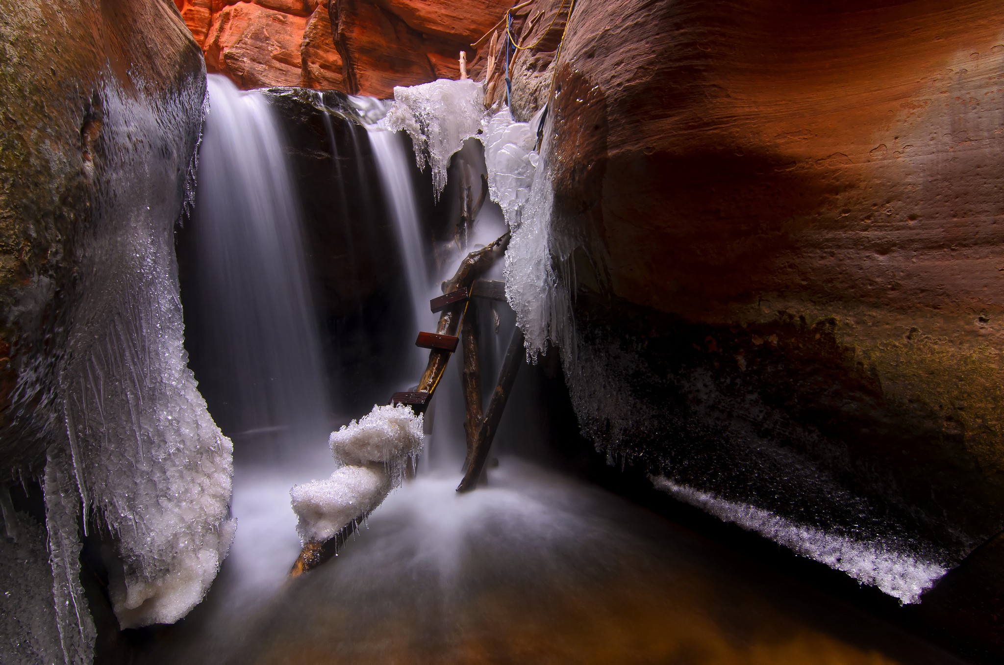 General 2048x1356 cave ice water rocks nature frost canyon waterfall