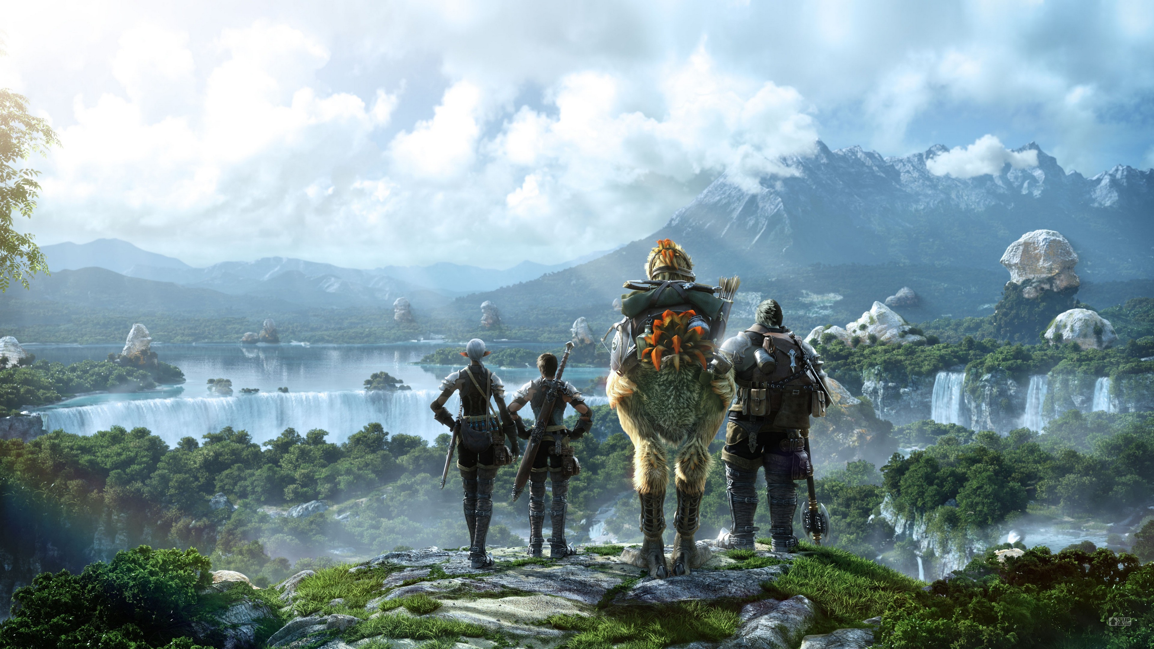 General 3840x2160 Final Fantasy XIV: A Realm Reborn Final Fantasy looking into the distance mountains waterfall sky video games digital art fantasy art Chocobo video game art