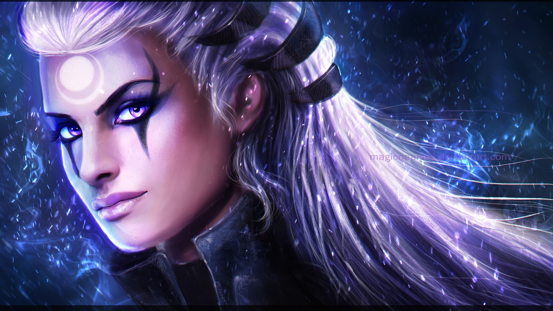 Anime 1920x1080 anime girls anime realistic League of Legends Riot Games MagicnaAnavi PC gaming video games makeup women long hair DeviantArt fantasy art fantasy girl pink eyes looking at viewer Diana (League of Legends)