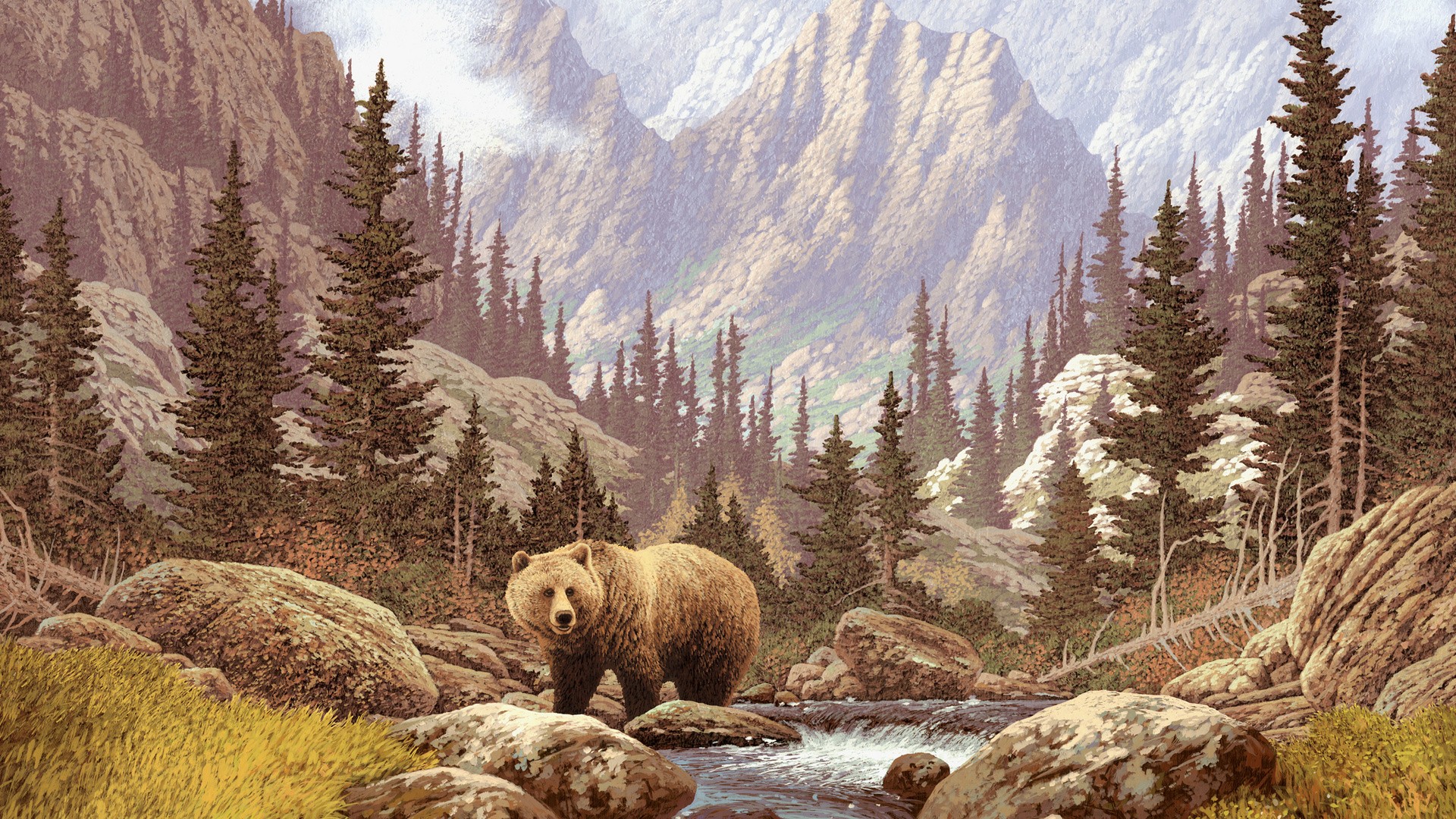 General 1920x1080 artwork bears animals nature mammals mountains lake trees