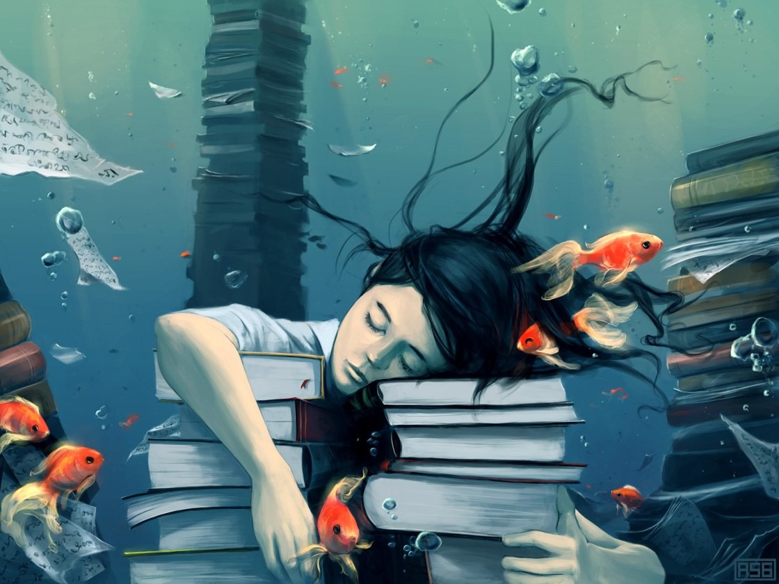 General 1120x840 artwork underwater fish fantasy girl books women animals closed eyes dark hair paper long hair