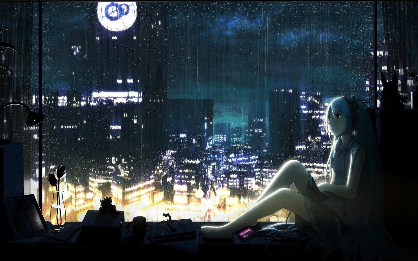 Anime 1440x900 Vocaloid Hatsune Miku anime girls legs sitting rain lights cityscape futuristic women women indoors indoors