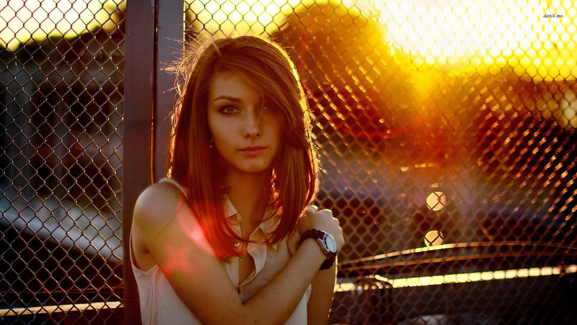 People 1920x1080 women model sunset sunlight fence wristwatch looking at viewer women outdoors closeup overexposed watermarked
