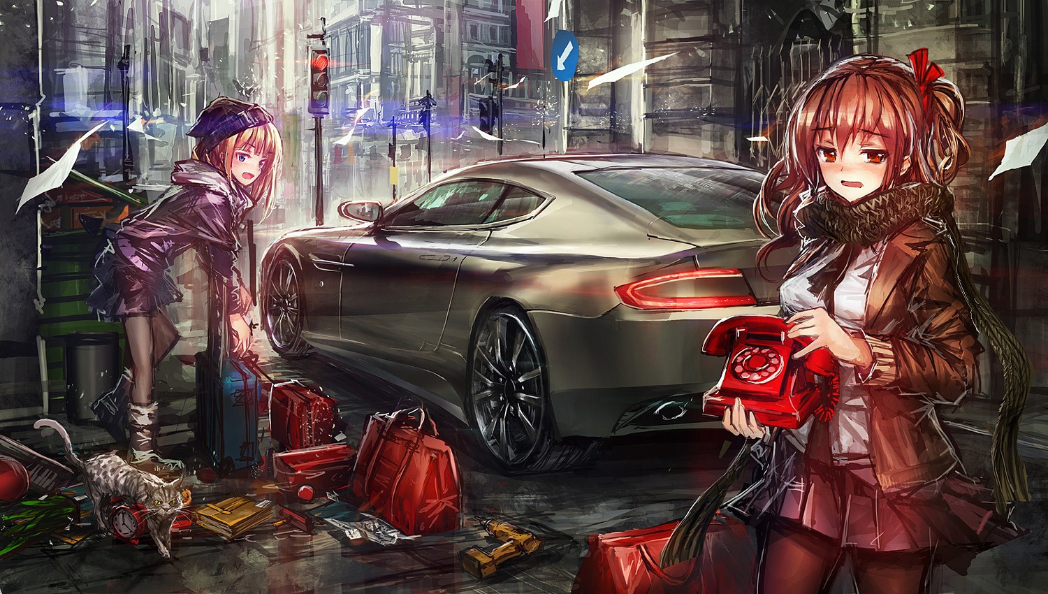 Anime 1500x850 anime girls original characters car _LM7_ vehicle women with cars phone red eyes city urban women outdoors cats anime two women