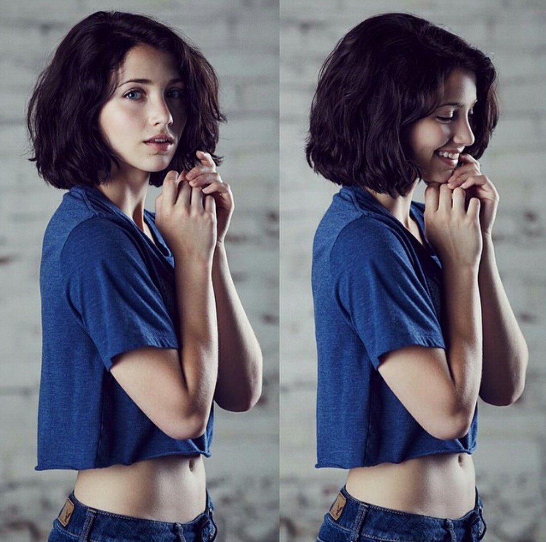 People 1076x1068 Emily Rudd collage looking at viewer women jeans smiling belly dark hair T-shirt crop top