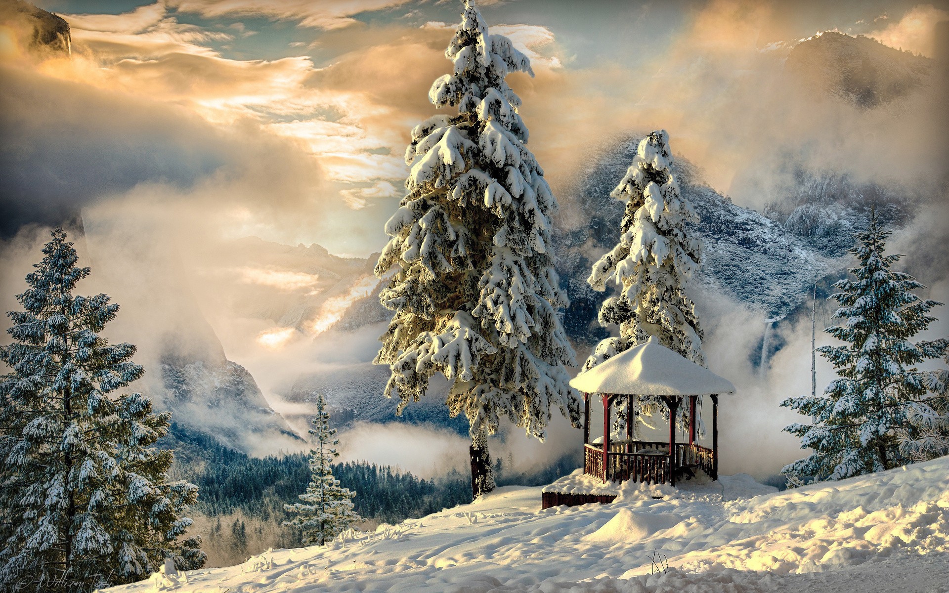 General 1920x1200 nature landscape mountains snow winter clouds trees sunlight forest gazebo sky