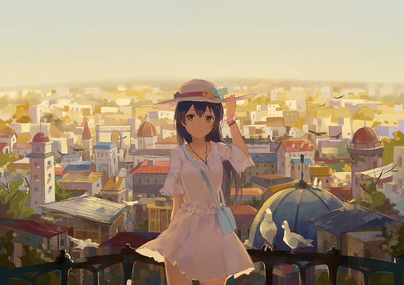 Anime 1300x919 anime girls long hair white dress hat Love Live! Sonoda Umi cityscape women with hats anime women dress black hair looking at viewer birds