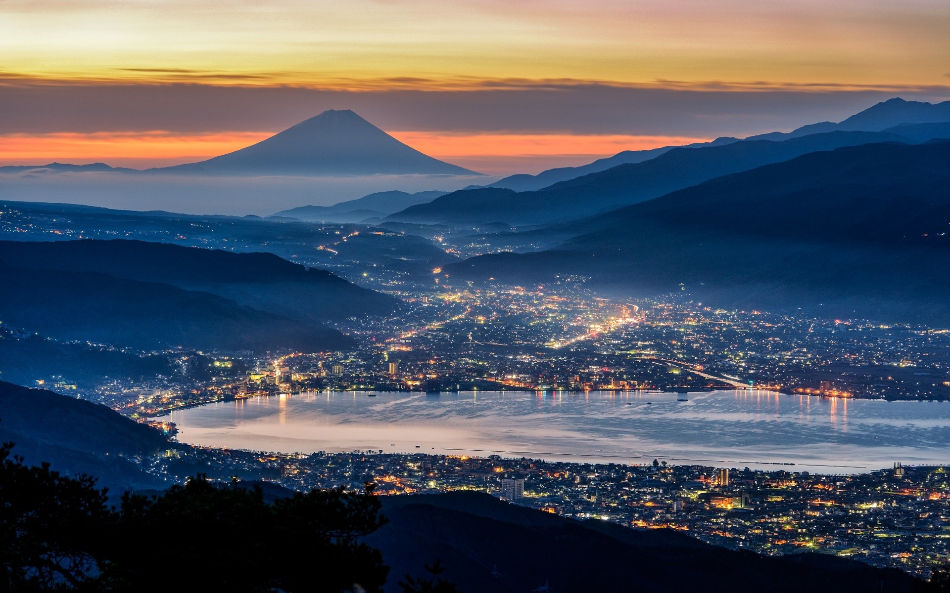General 1920x1200 nature landscape cityscape mist Japan mountains clouds Mount Fuji evening city ports lights valley sea city lights blue Asia