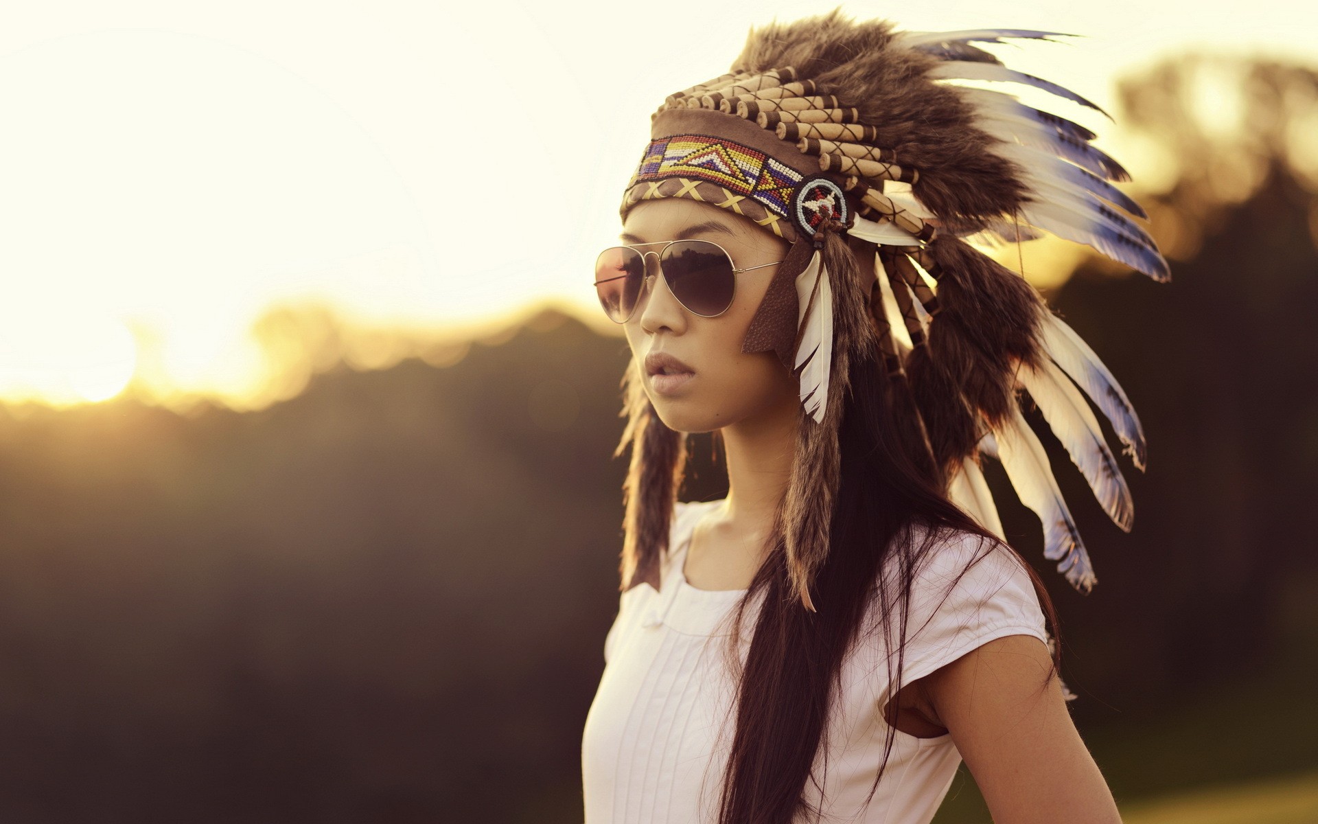 People 1920x1200 feathers brunette white clothing Asian headdress women model sunglasses women with shades women outdoors