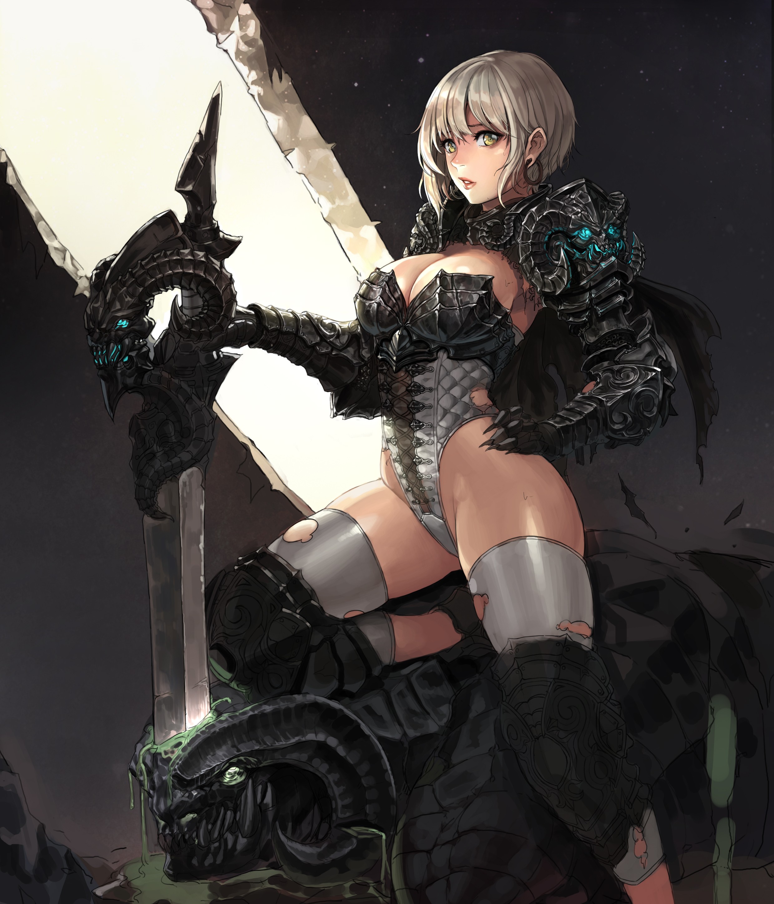 Anime 2480x2896 anime girls simple background torn clothes legs armor short hair sword weapon original characters Daeho Cha fantasy art fantasy girl fantasy armor creature women with swords torn stockings stockings boobs big boobs bodysuit