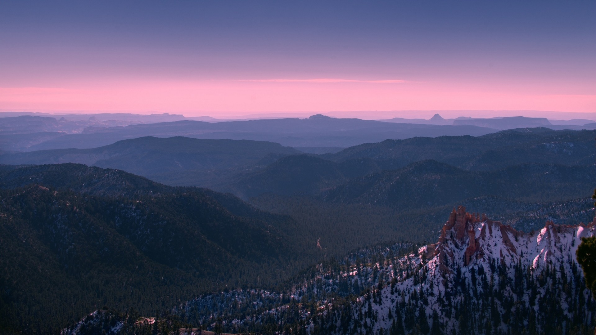 General 1920x1080 nature landscape Bryce Canyon National Park mist sunset mountains hills forest snow Utah USA