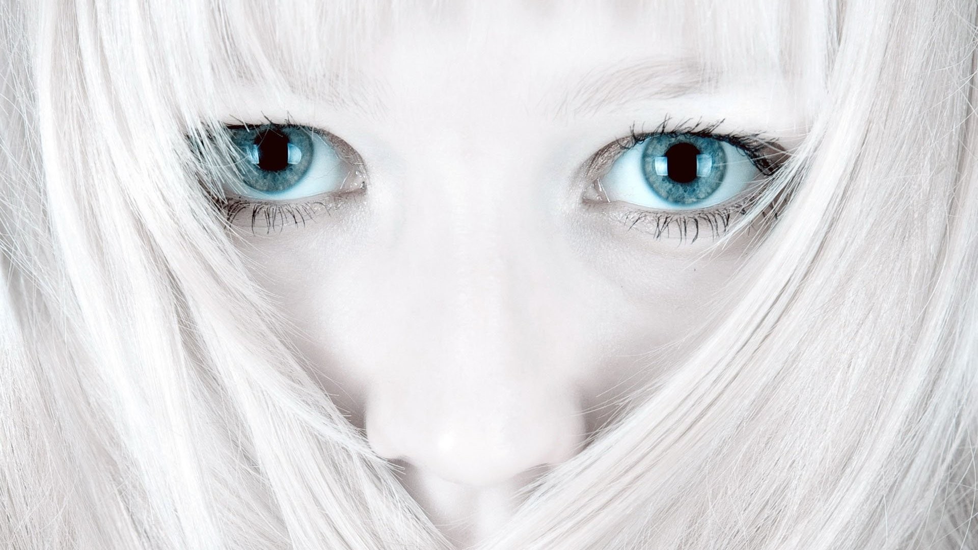 People 1920x1080 women model eyes blue eyes white hair face closeup hair in face