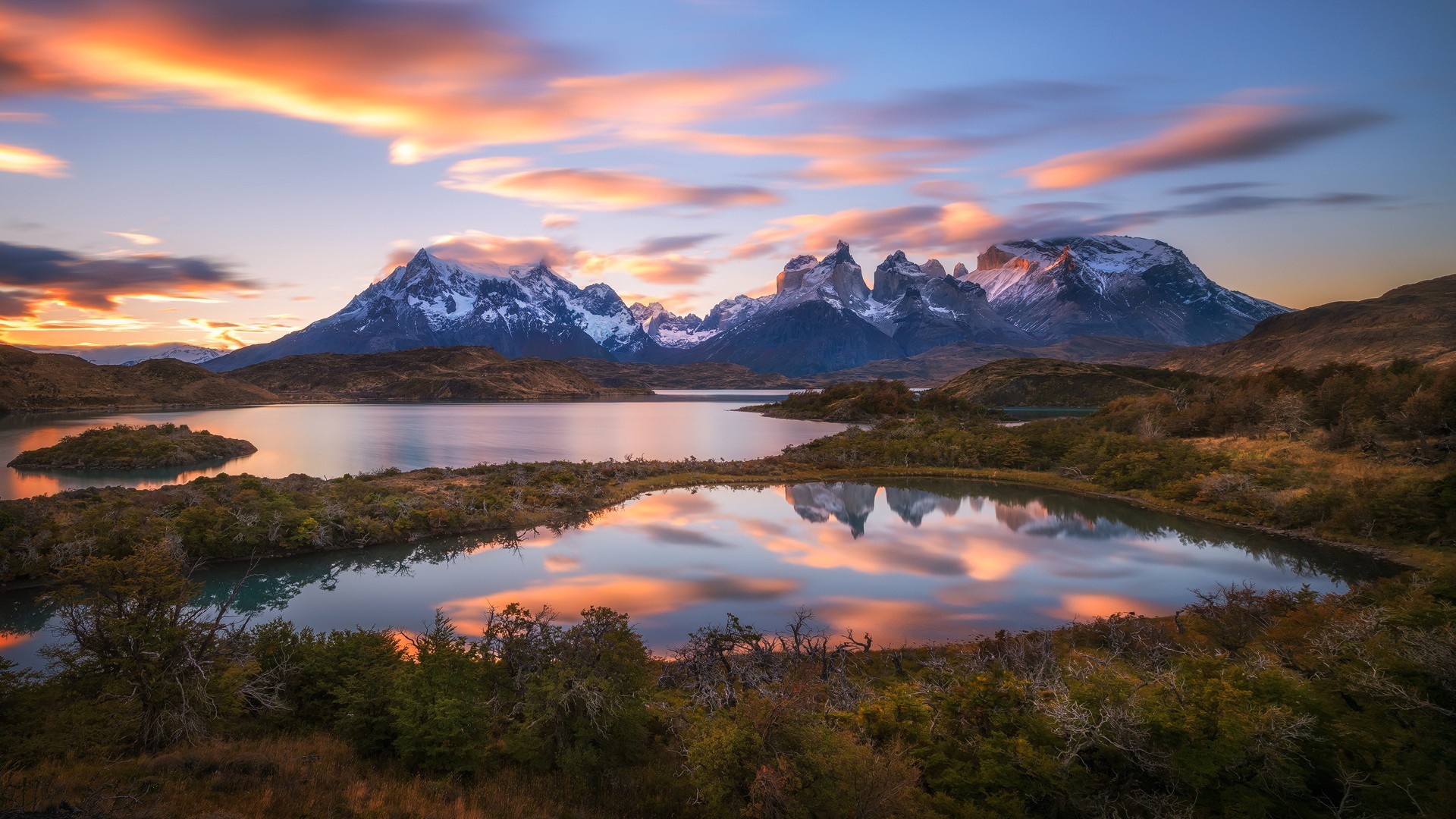 General 1920x1080 nature landscape mountains snow water lake snowy peak field Patagonia Chile trees clouds hills sunset island reflection long exposure South America sunlight