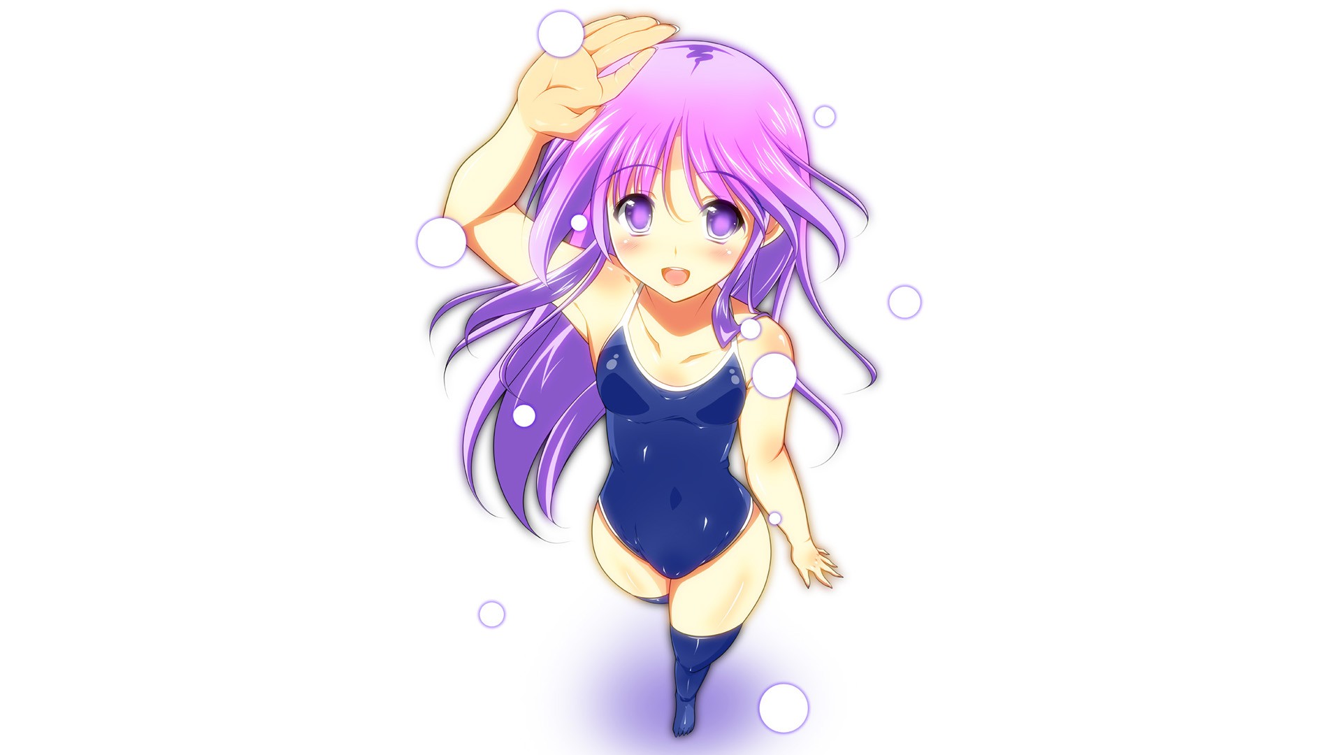 Anime 1920x1080 anime girls pink hair school swimsuits white background Happiness! (Visual Novel) simple background purple hair purple eyes swimwear one-piece swimsuit arms up open mouth looking at viewer