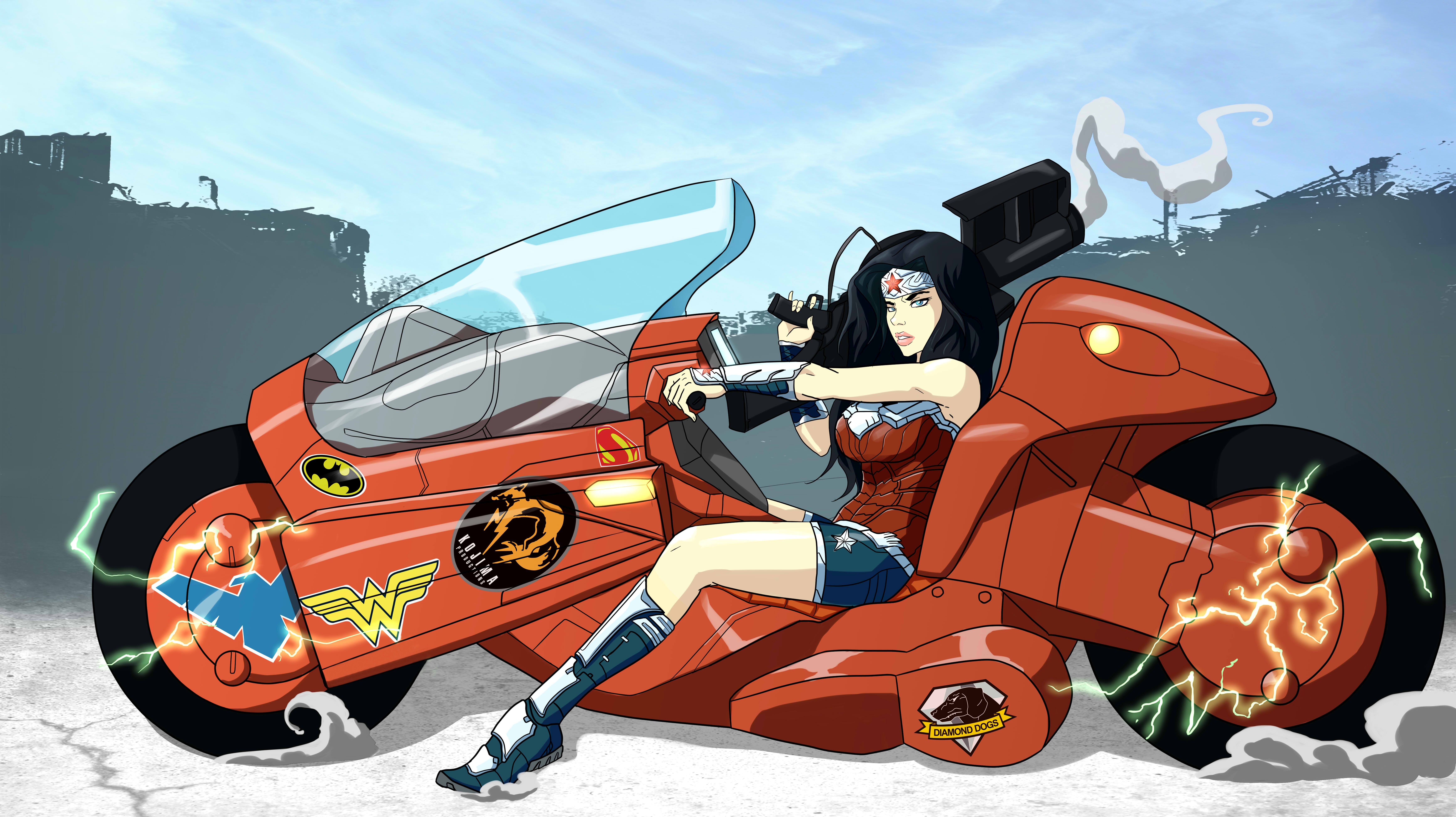 General 7000x3927 Wonder Woman artwork Akira motorcycle crossover superheroines women with motorcycles Batman logo dark hair girls with guns vehicle digital art