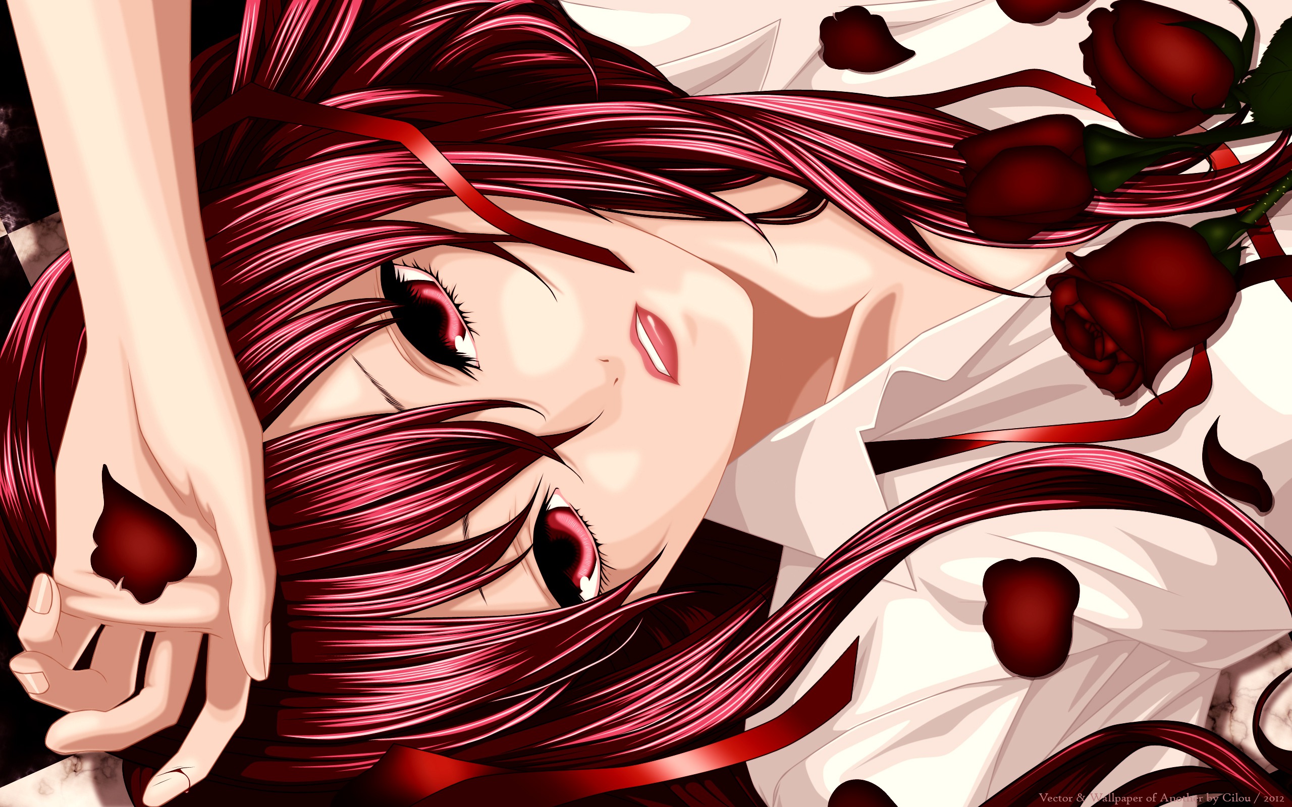 Anime 2560x1600 Akazawa Izumi anime girls anime women redhead lying on back looking at viewer flowers plants rose red flowers leaves red lipstick red red eyes 2012 (Year)