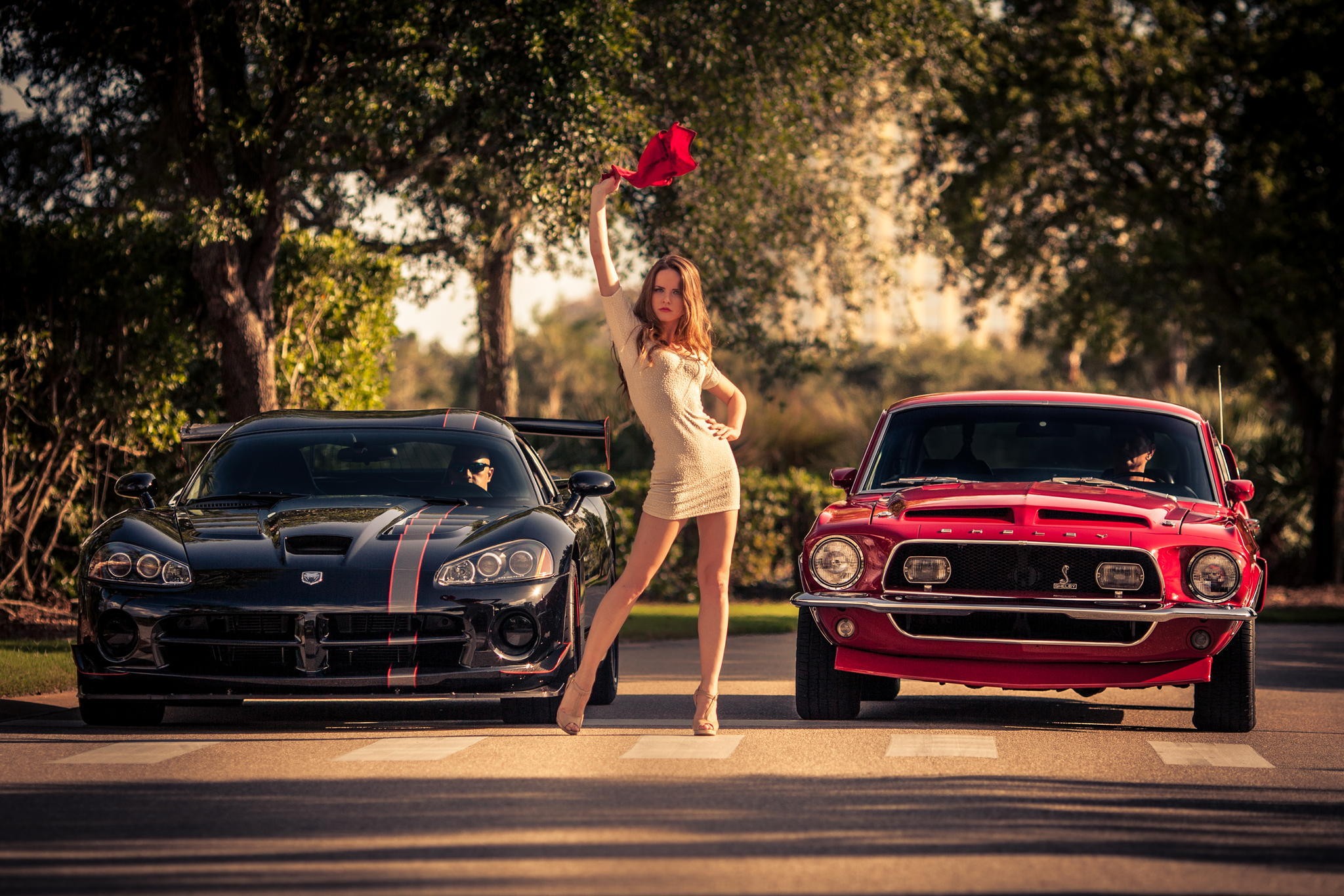 General 2048x1366 car minidress road trees women American cars women with cars Kristina Yakimova Dodge Viper muscle cars high heels racing stripes vehicle women outdoors standing legs arms up red cars black cars Ford Ford Mustang