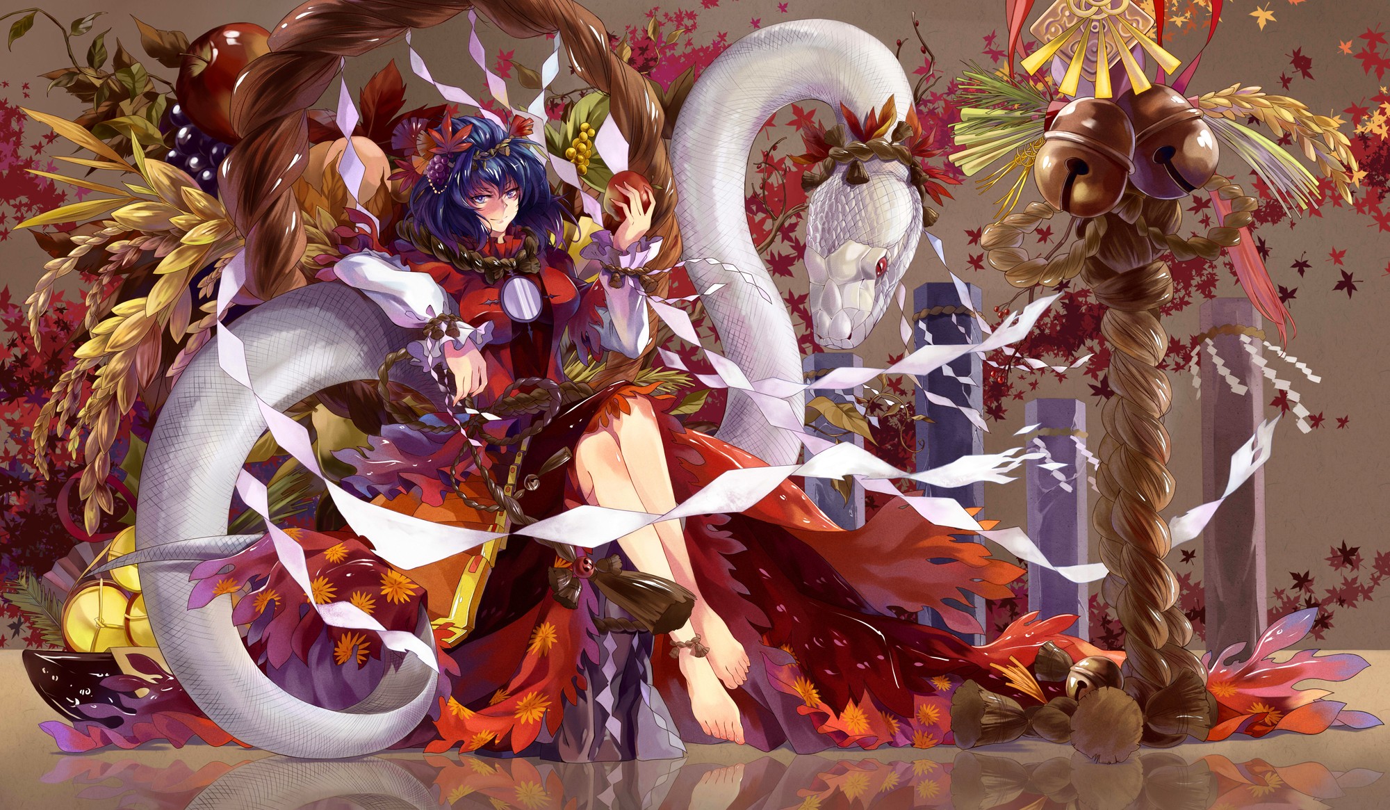Anime 2000x1165 Touhou anime girls legs legs together anime fantasy art snake creature blue hair sitting looking at viewer Pixiv barefoot