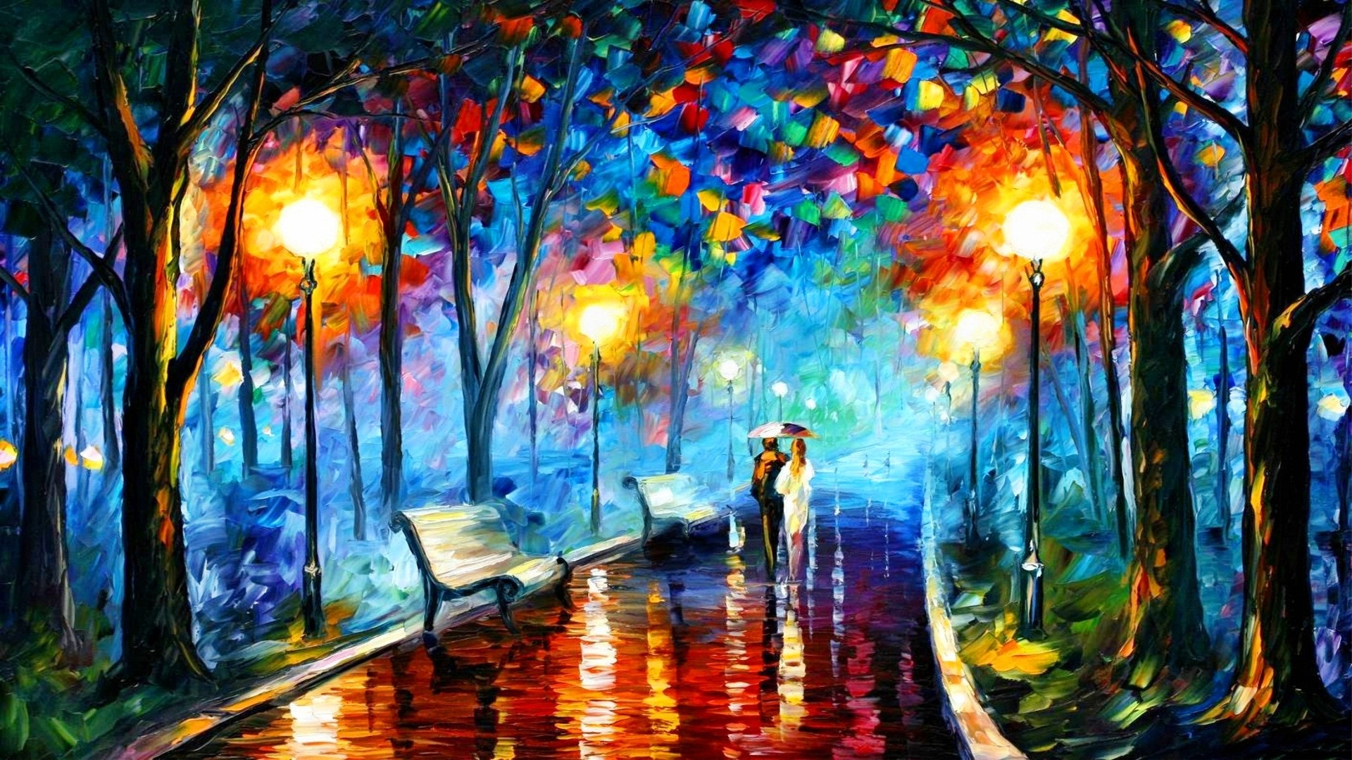 General 1920x1080 painting park trees Leonid Afremov street light rain colorful fall bench oil painting