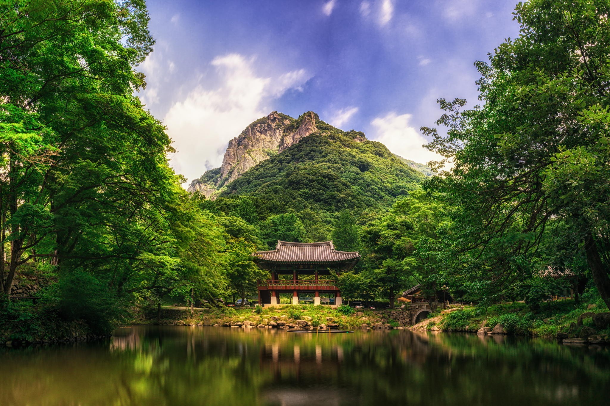 General 2048x1365 nature landscape mountains trees forest house lake South Korea clouds reflection bridge Asia