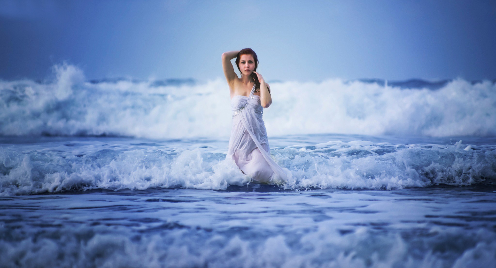 People 2048x1109 women sea waves wet dress women outdoors nature water in water arms up wet clothing standing looking at viewer