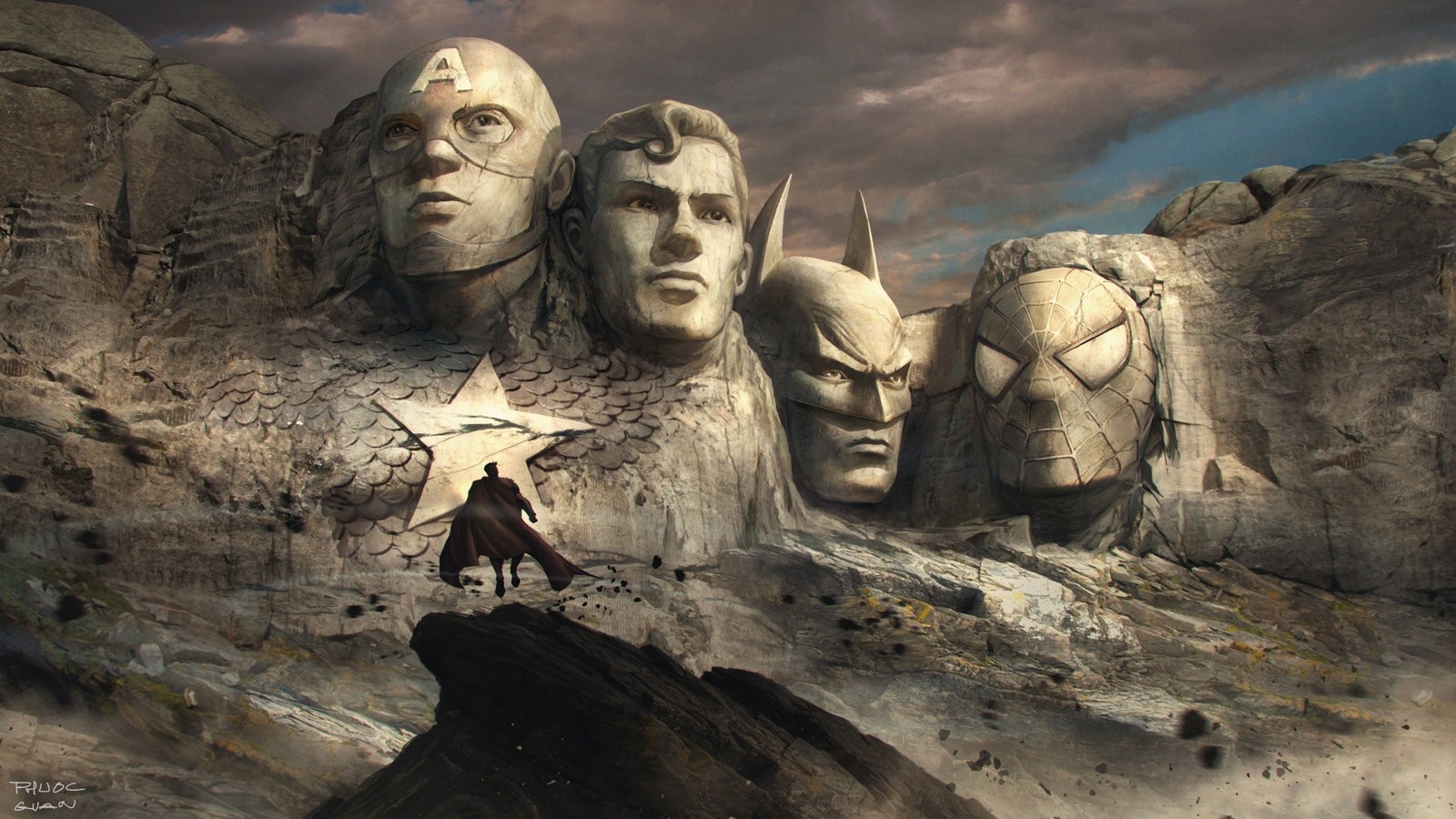 General 1600x900 superhero artwork mountains Mount Rushmore Superman Batman Captain America Spider-Man sculpture rock formation Marvel Comics DC Comics face