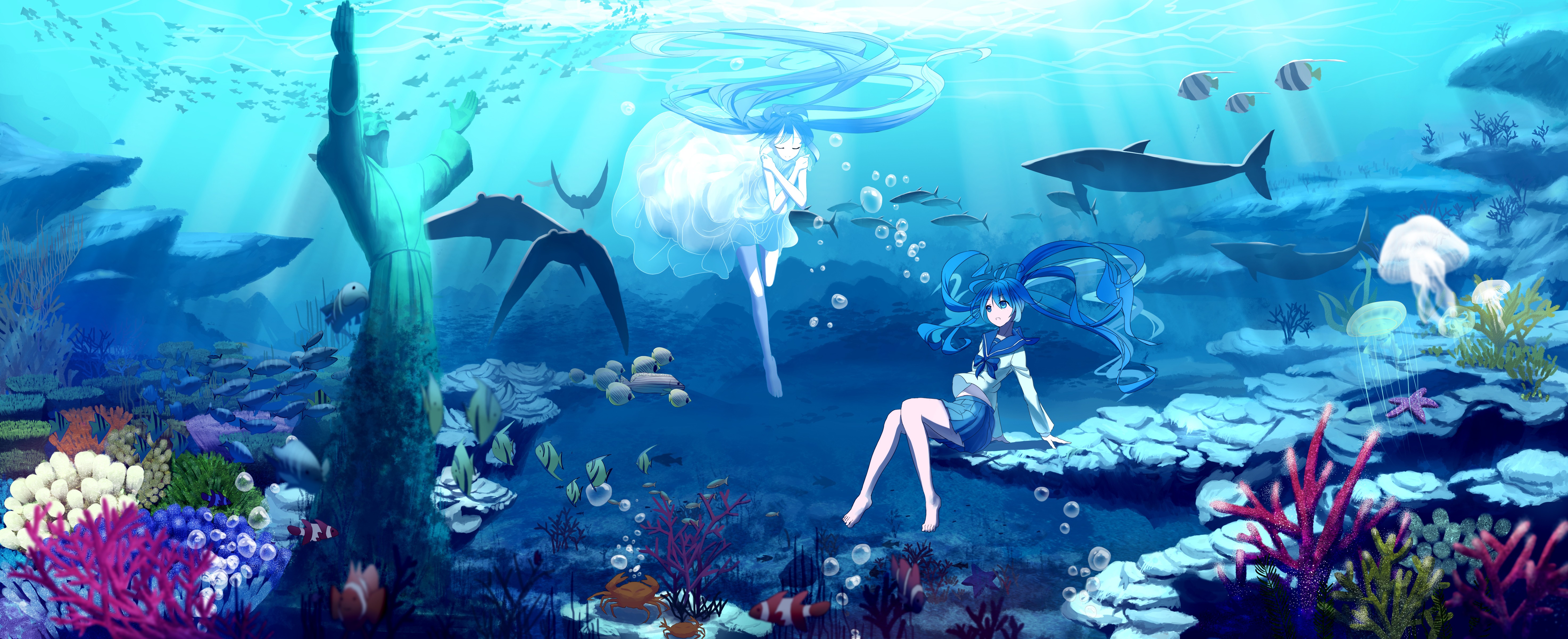 Anime 5894x2404 Hatsune Miku twintails skirt ribbon white dress underwater coral fish crabs statue whale anime girls anime sea life