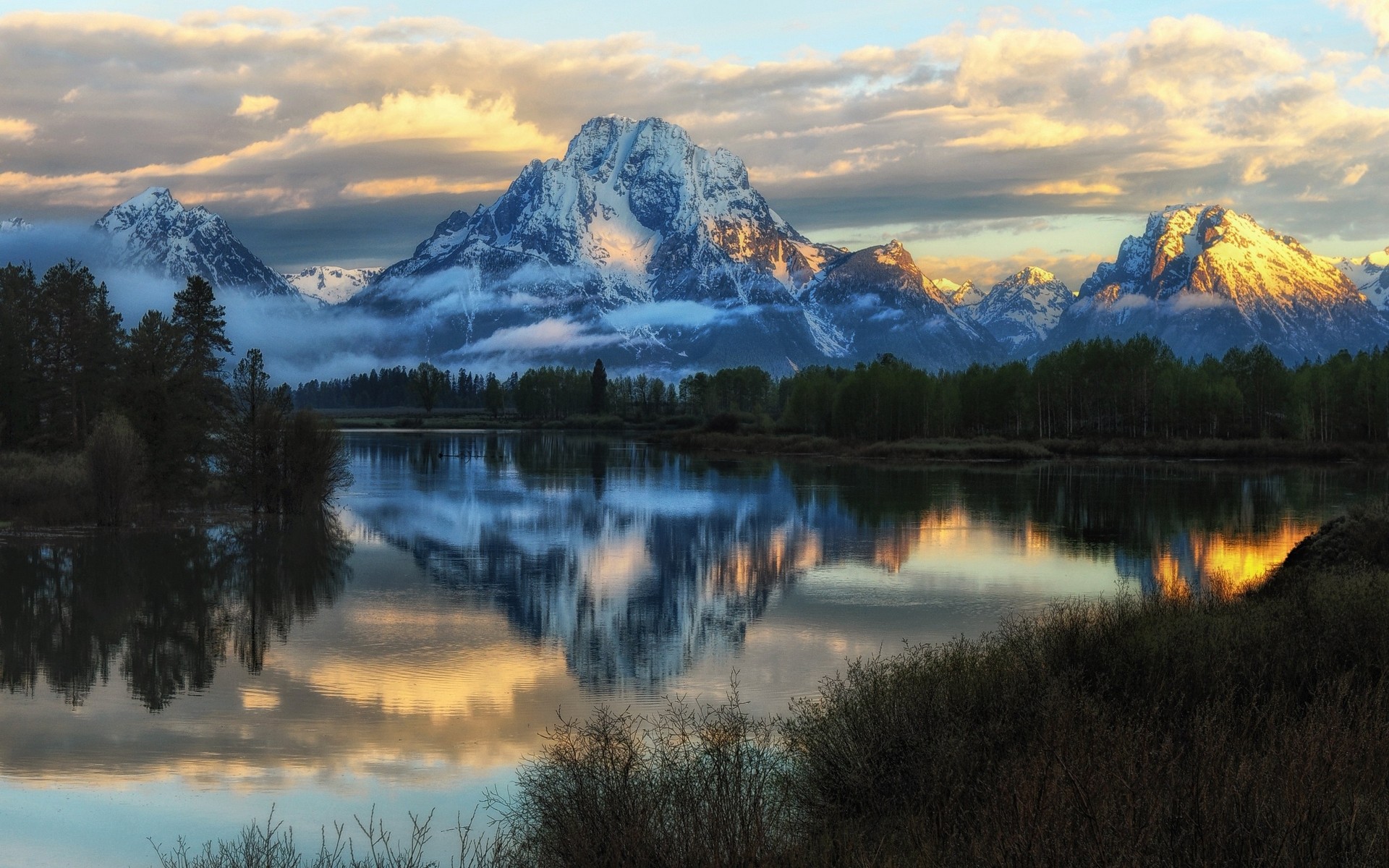 General 1920x1200 nature landscape Grand Teton National Park river forest mountains glowing snowy peak reflection clouds shrubs trees Wyoming USA