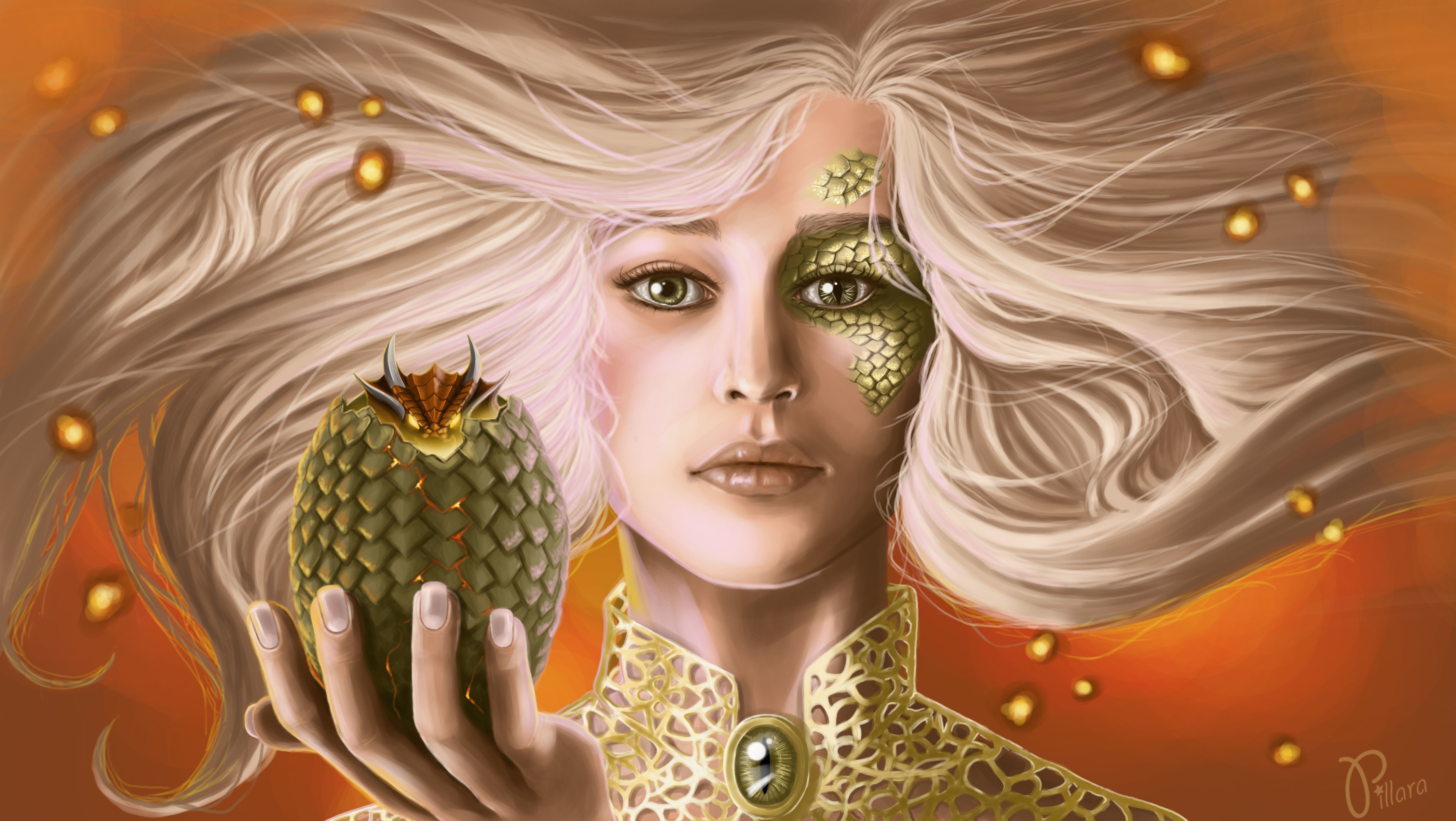 General 6192x3491 artwork fantasy art fantasy girl dragon blonde long hair women face digital art closeup watermarked