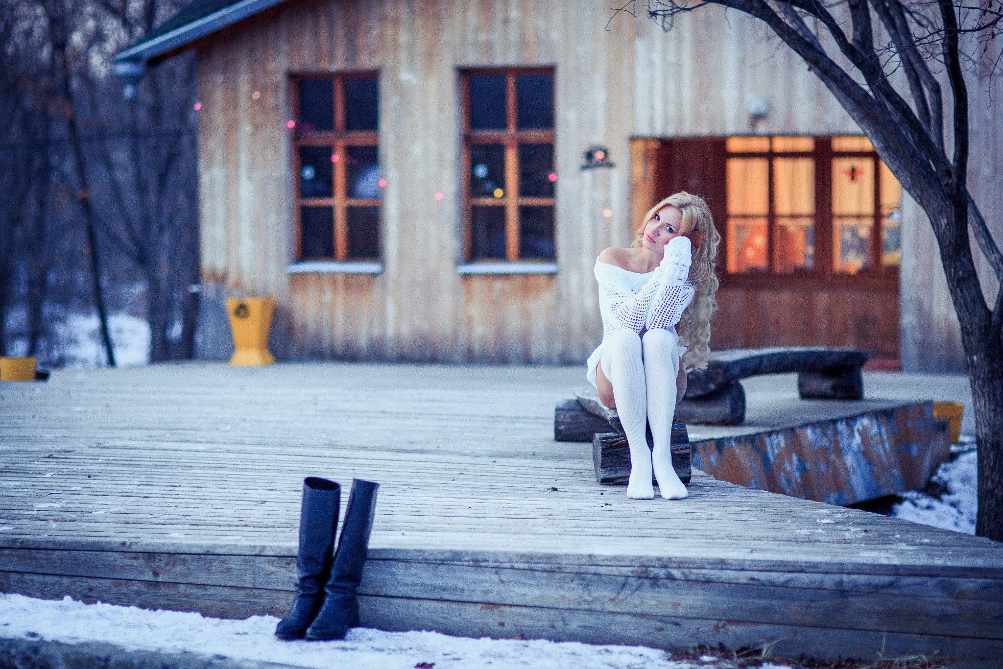 People 2048x1366 women model blonde blue eyes white clothing knee-highs curly hair knee-high boots women outdoors snow winter sitting long hair looking at viewer Lisa Shaburova black boots arms up legs together boots