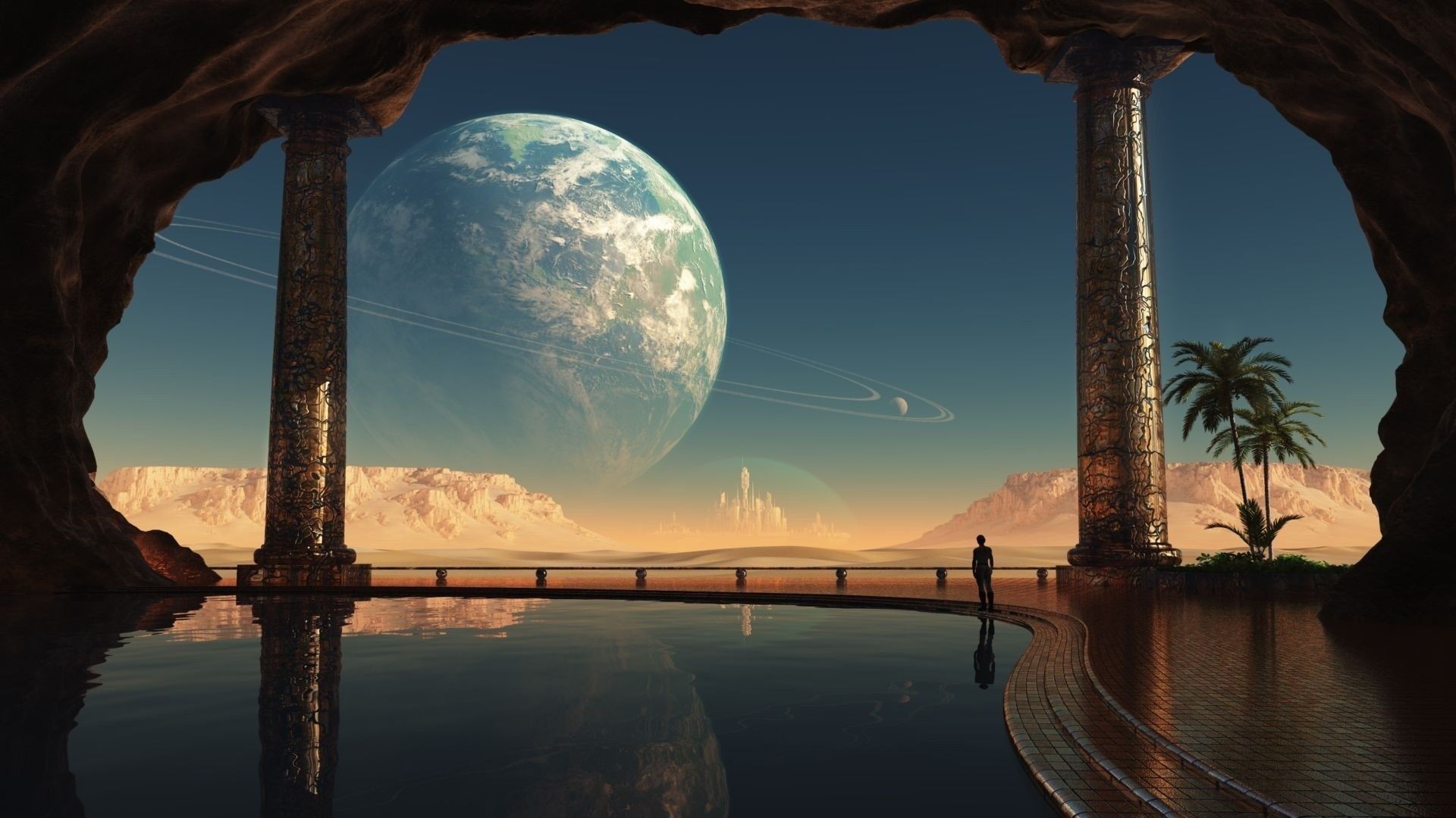 General 1920x1080 planet sky digital art planetary rings space water reflection