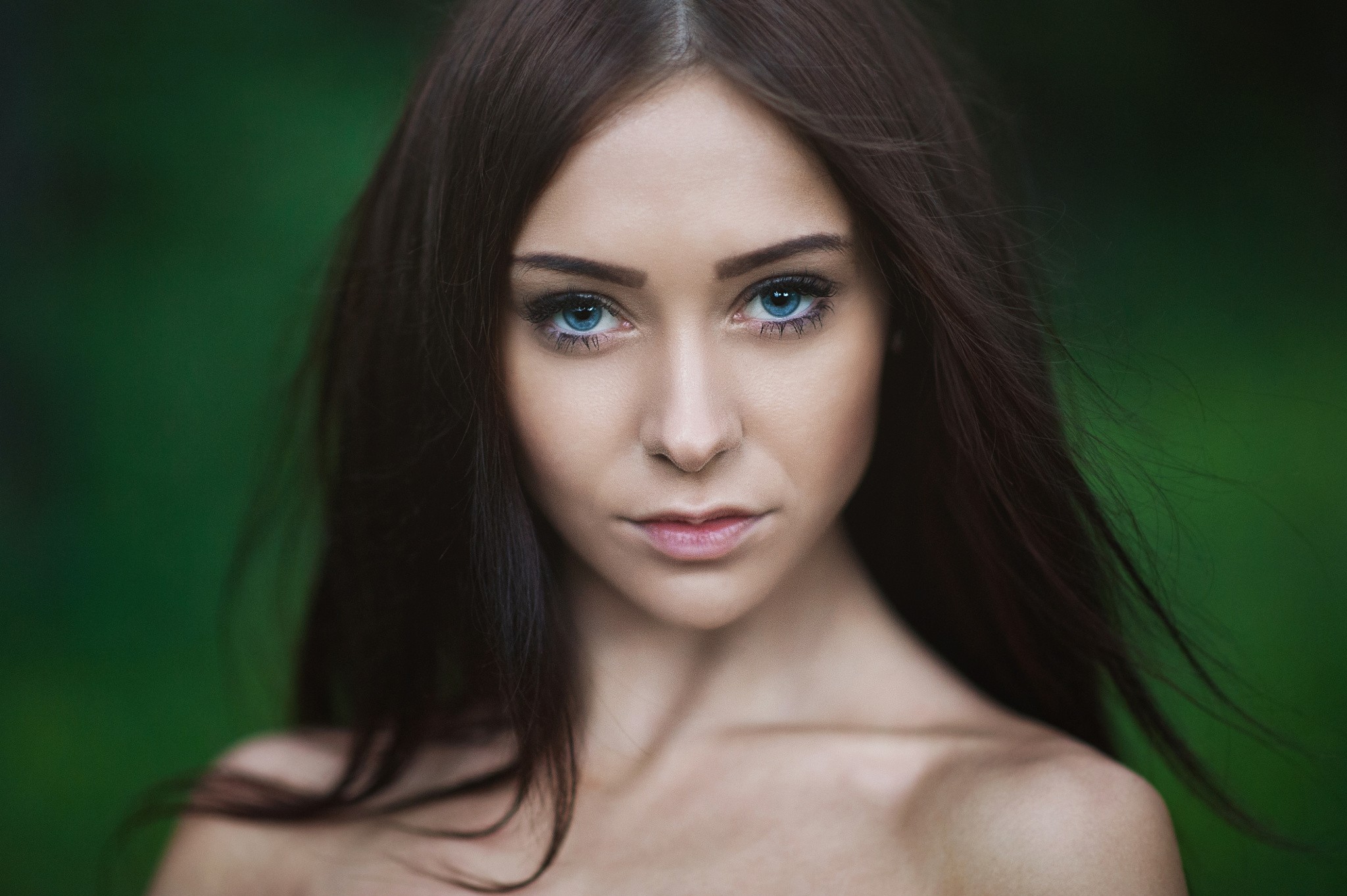 People 2048x1363 women face model portrait brunette blue eyes women outdoors green background simple background looking at viewer long hair closeup Maxim Maximov