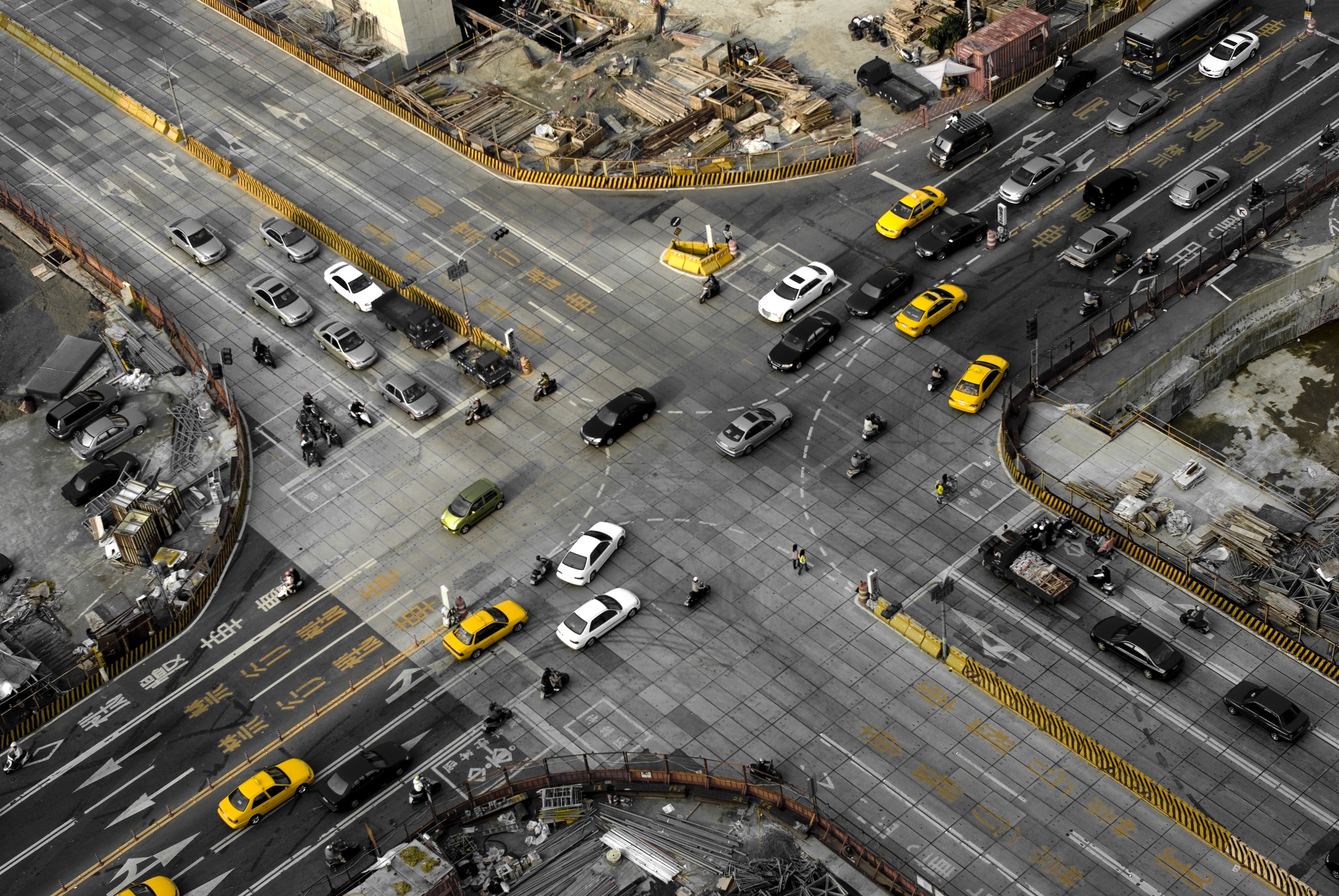 General 3872x2592 city urban selective coloring yellow taxi road aerial view traffic Taiwan gray car Taipei Asia vehicle traffic crossing