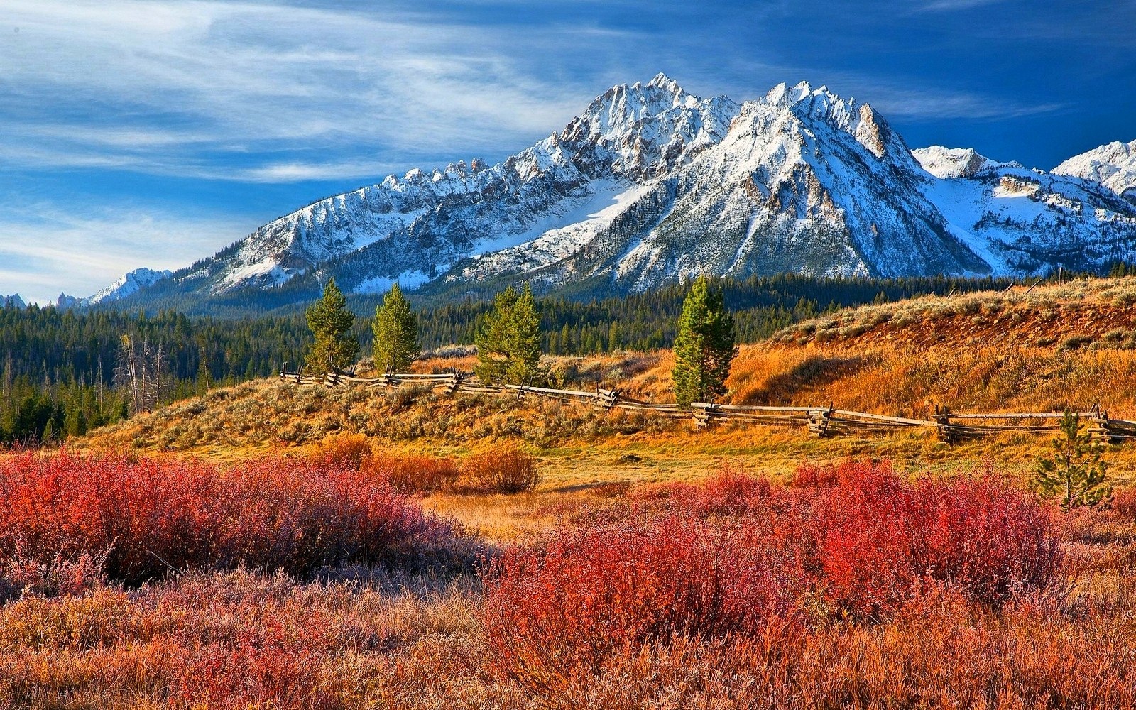 General 1600x1000 nature landscape snowy peak forest grass mountains fence colorful fall Idaho USA snowy mountain