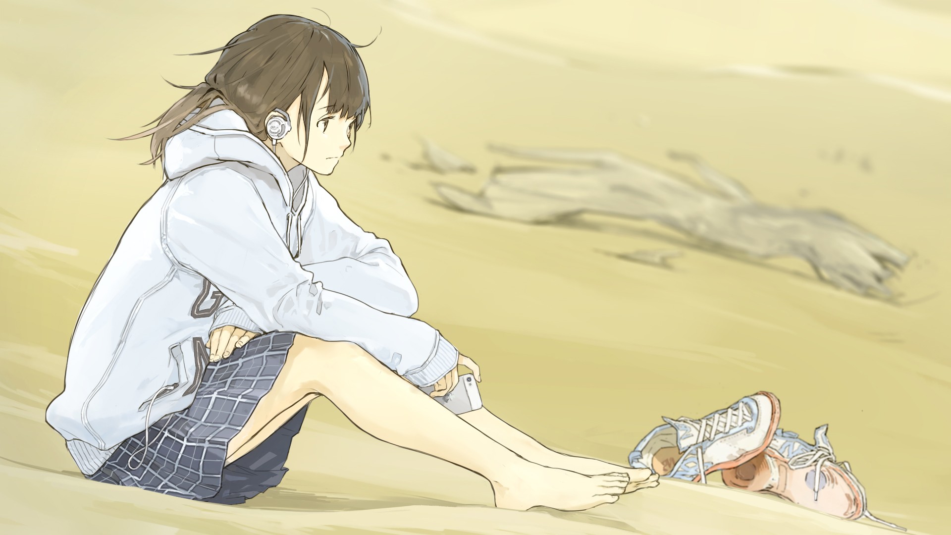 Anime 1920x1080 anime girls barefoot anime hooded jacket original characters shoes loundraw headphones brunette women outdoors beach skirt feet sitting pointed toes phone sand hoods