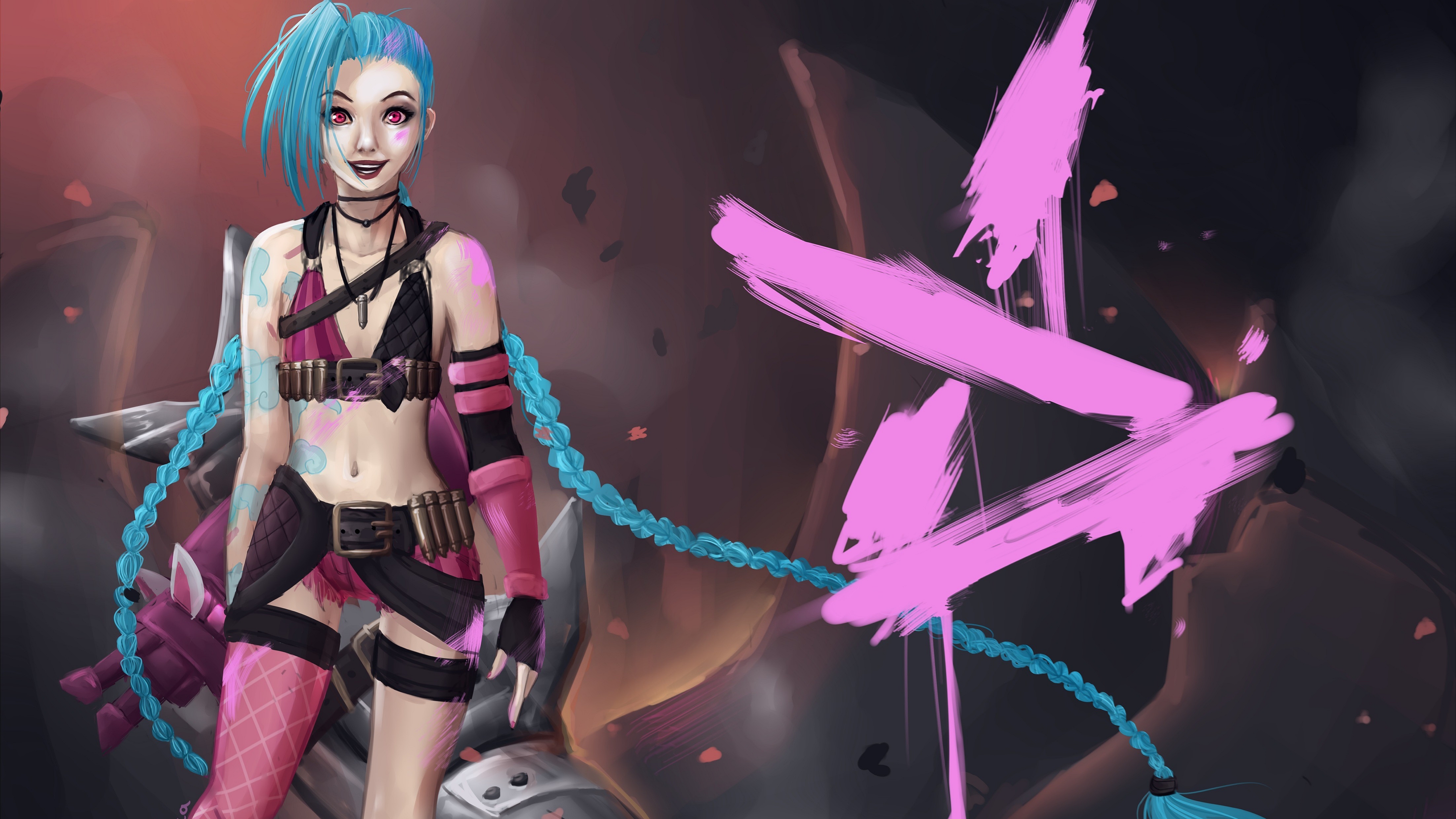 General 4450x2503 Jinx (League of Legends) video games fantasy art blue hair cyan hair PC gaming red eyes video game girls belly standing smiling League of Legends video game art women video game characters missing stocking slim body looking at viewer stockings