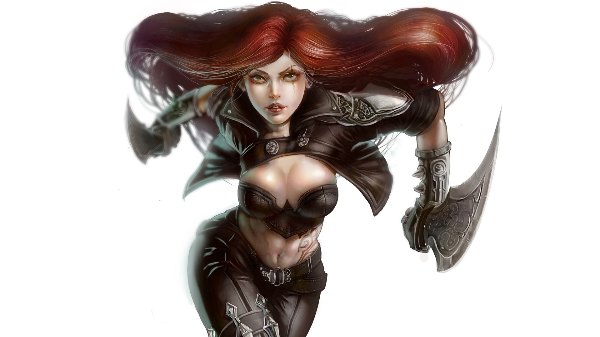 General 1920x1080 League of Legends video games boobs big boobs Katarina (League of Legends) redhead women video game art video game girls simple background white background red lipstick lipstick belly inked girls PC gaming