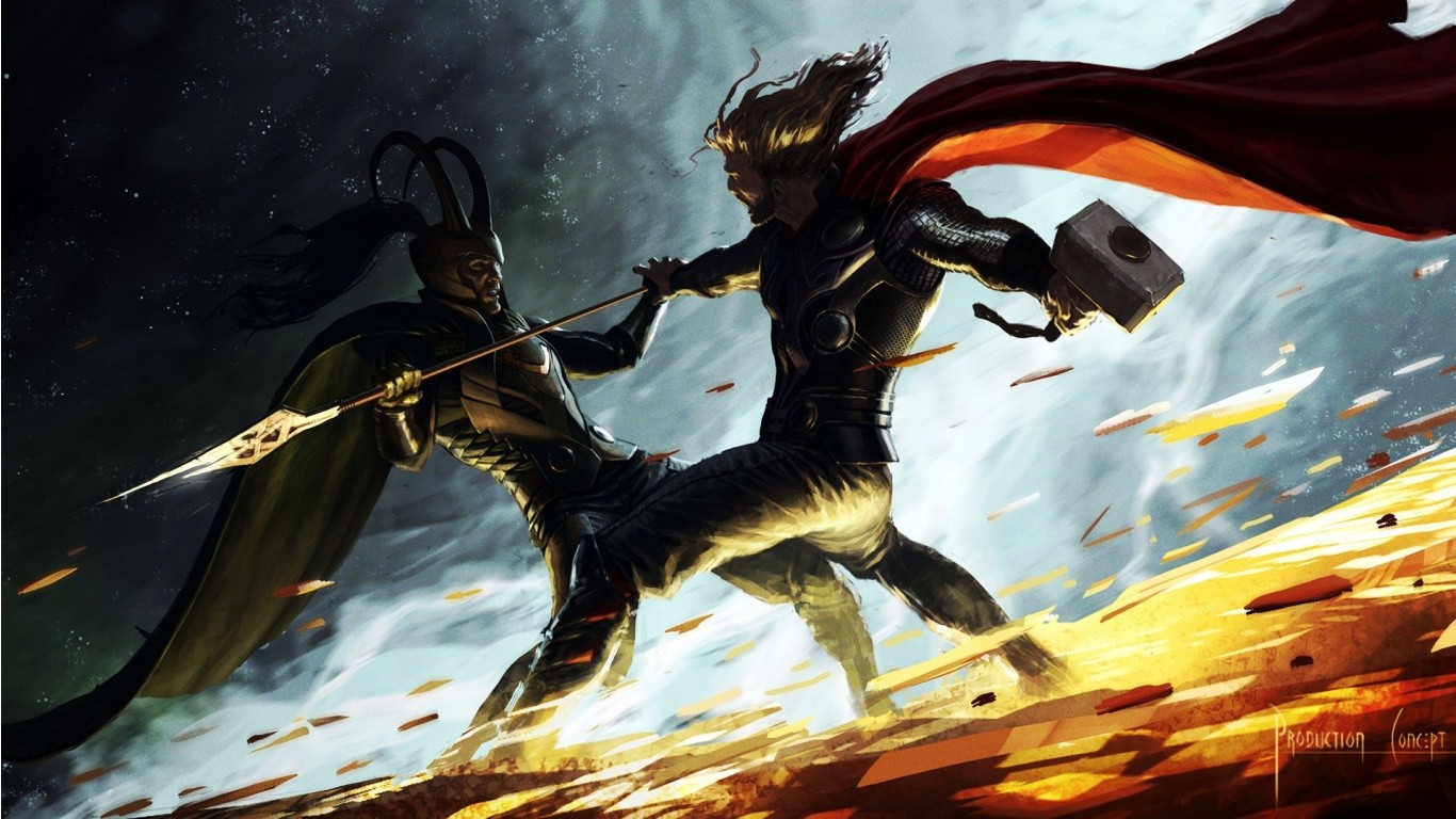 General 1366x768 comics Thor Loki Marvel Comics concept art fighting brothers