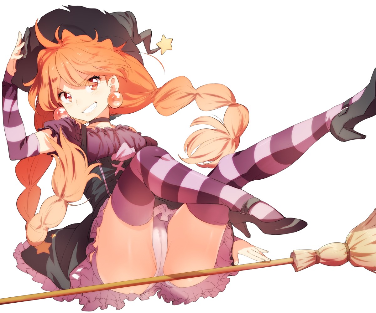 Anime 1200x1000 witch Slayers Lina Inverse ecchi anime girls panties stockings striped stockings red eyes legs up long hair simple background white background looking at viewer upskirt