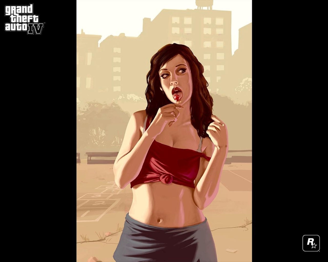 General 1280x1024 video games Grand Theft Auto IV PC gaming belly Rockstar Games lollipop video game art video game girls food sweets open mouth bare midriff standing looking away