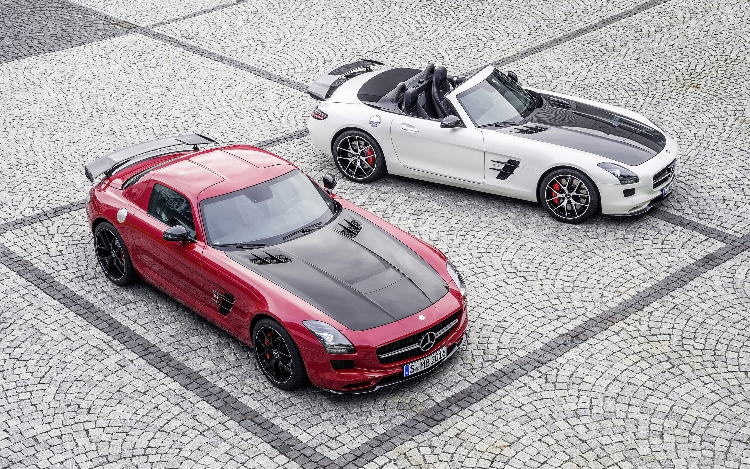 General 2560x1600 car Mercedes-Benz SLS AMG Mercedes-Benz red cars white cars vehicle numbers high angle convertible German cars