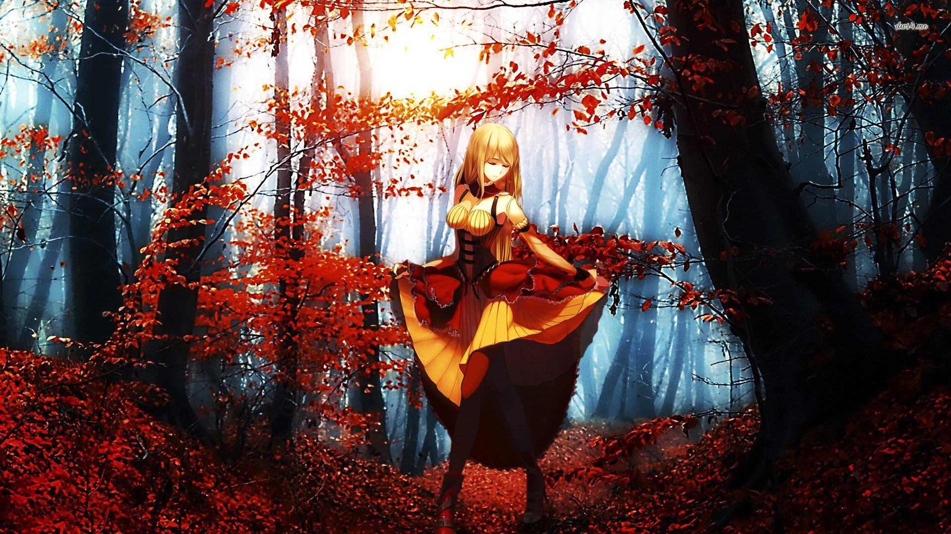 Anime 1920x1080 anime anime girls dress forest blonde fantasy art fantasy girl fall trees standing closed eyes
