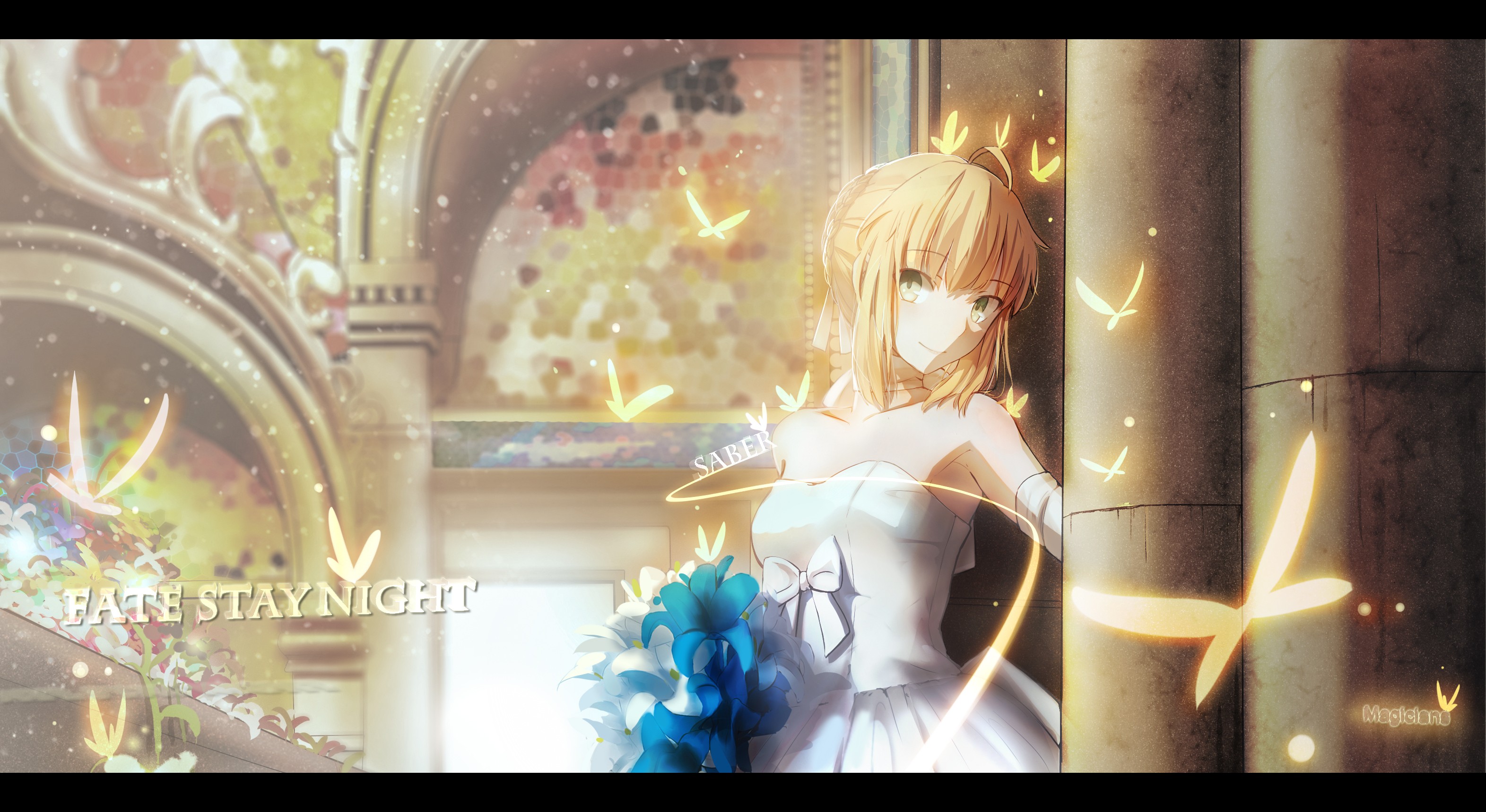 Anime 3143x1719 Saber Fate series Fate/Stay Night wedding dress flowers anime anime girls fantasy art fantasy girl looking at viewer