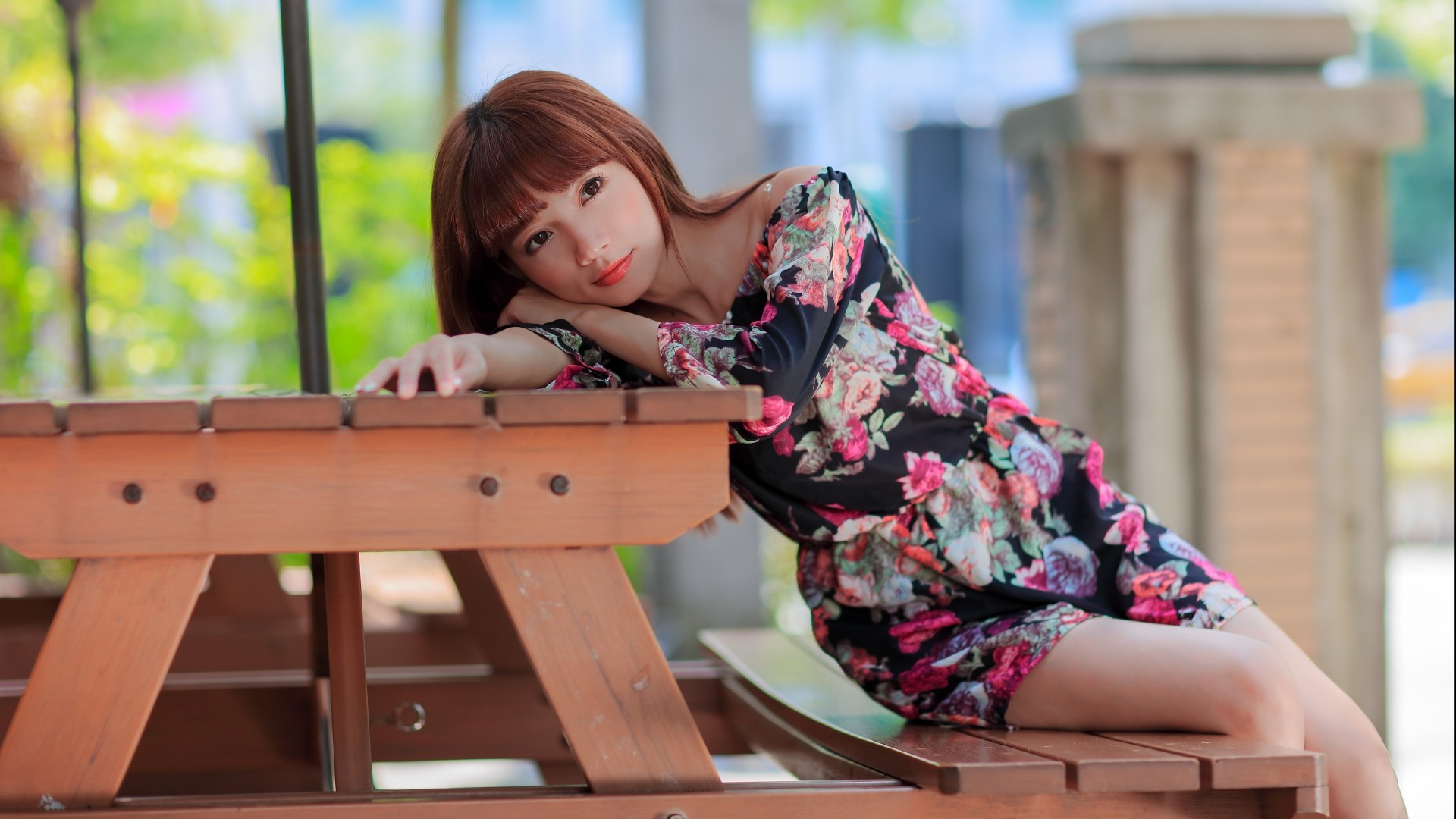People 1920x1080 women model brunette long hair women outdoors Asian looking at viewer brown eyes flowers minidress sitting wood bench table red lipstick